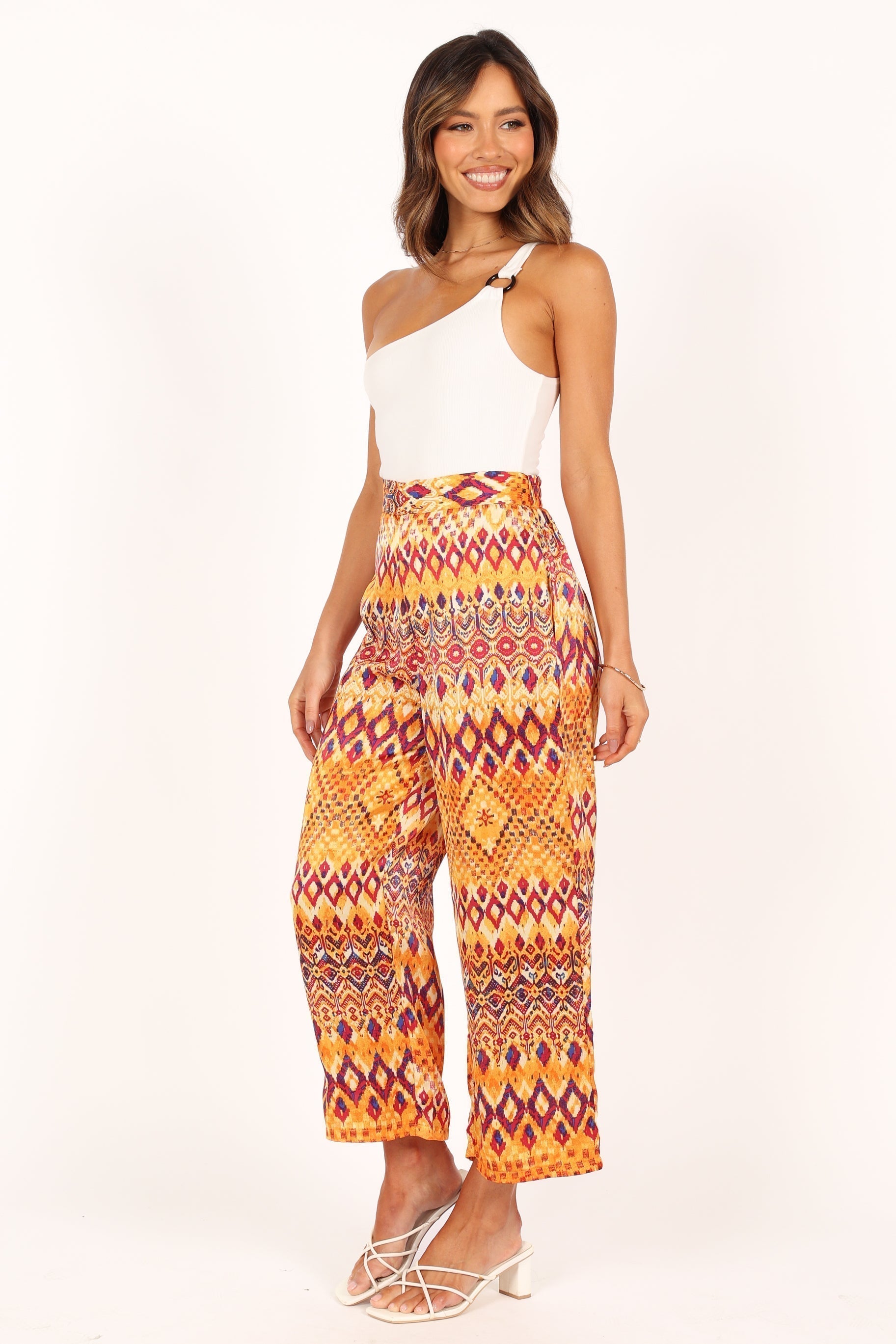 High Waisted Wide Leg Pants - Tan Polyester Zip Front