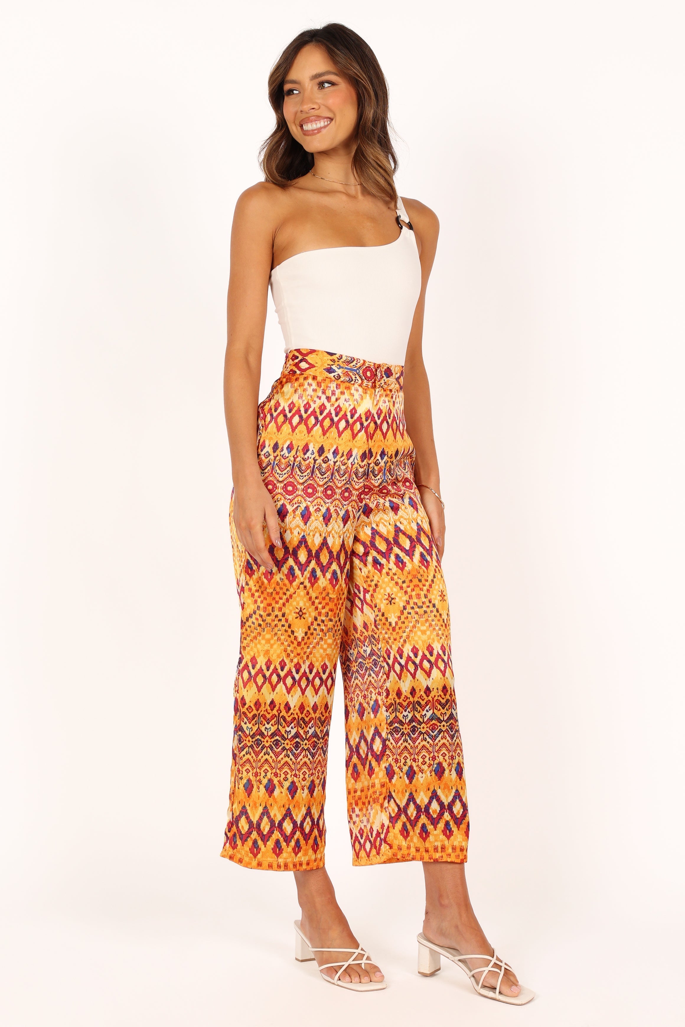 High Waisted Wide Leg Pants - Tan Polyester Zip Front