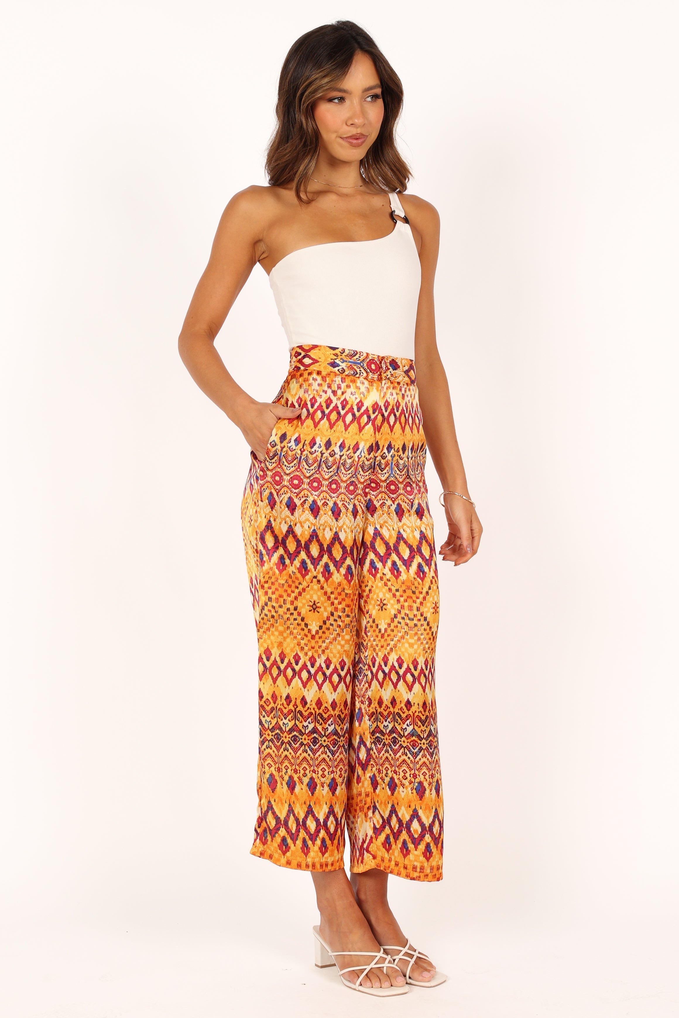 High Waisted Wide Leg Pants - Tan Polyester Zip Front