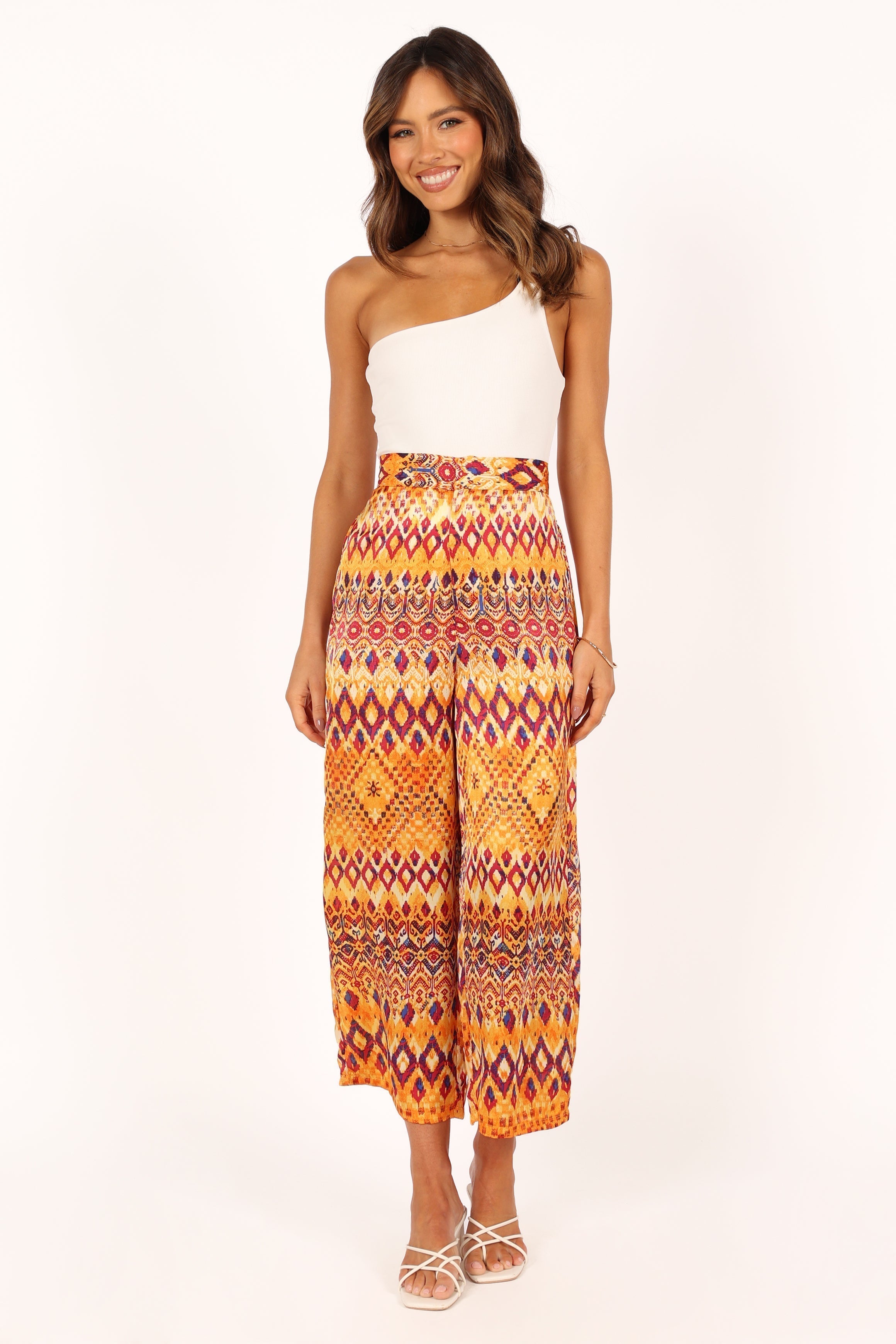 High Waisted Wide Leg Pants - Tan Polyester Zip Front