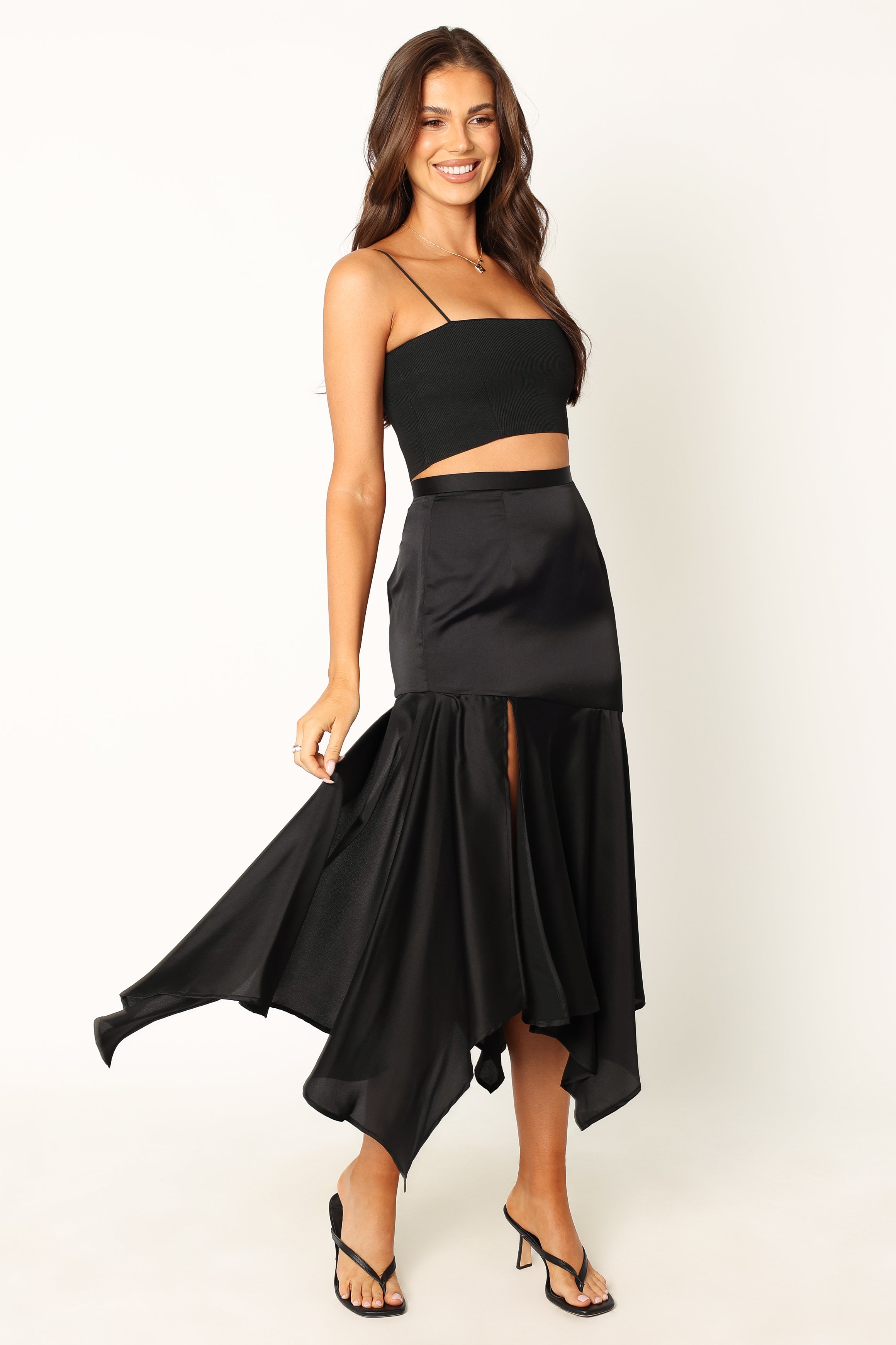 Black Satin Midi Skirt with Side Zip - Jair Elegant Asymmetrical Hem