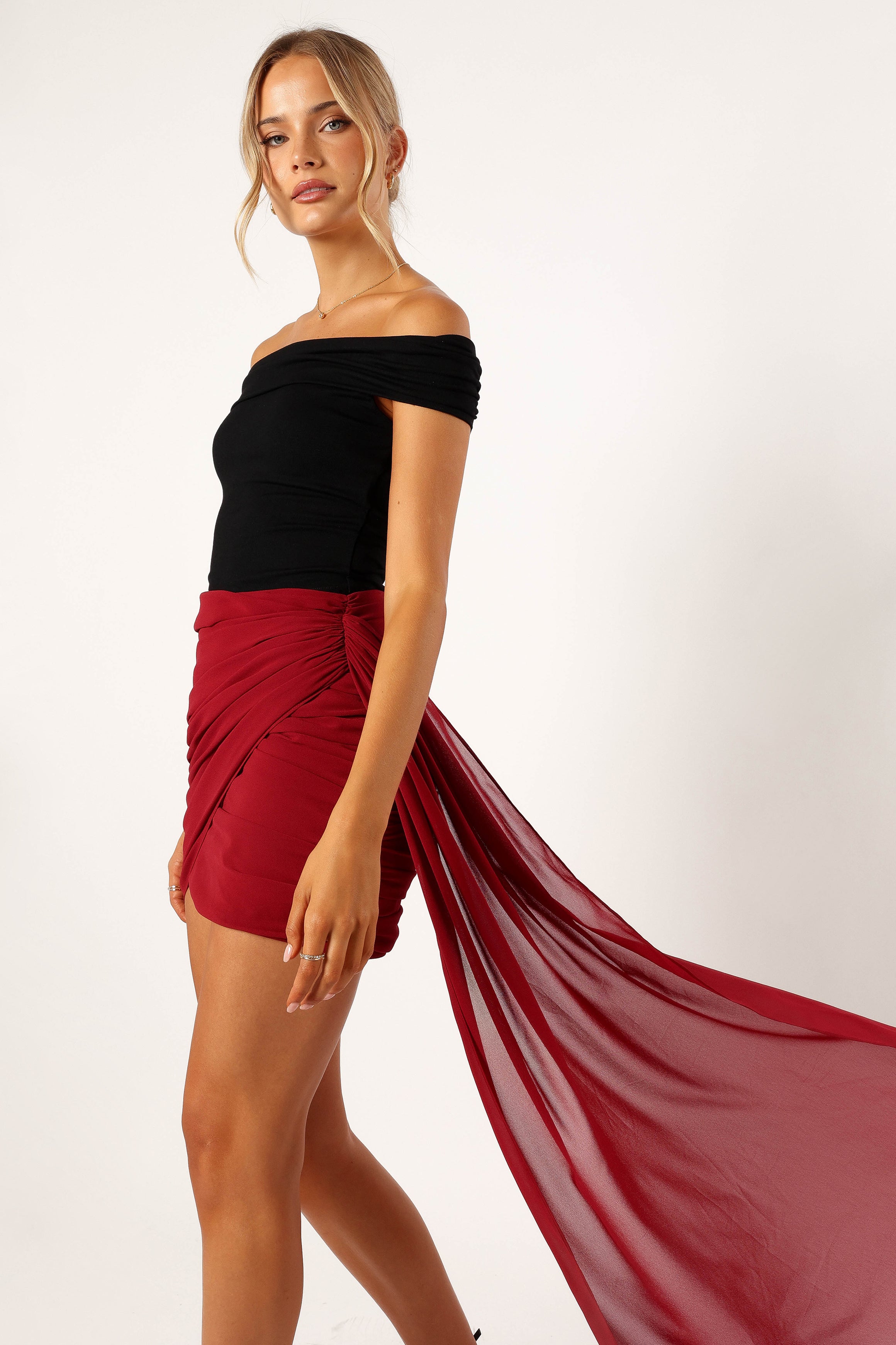Merlot Ruched Mini Skirt with Train for Evening Wear
