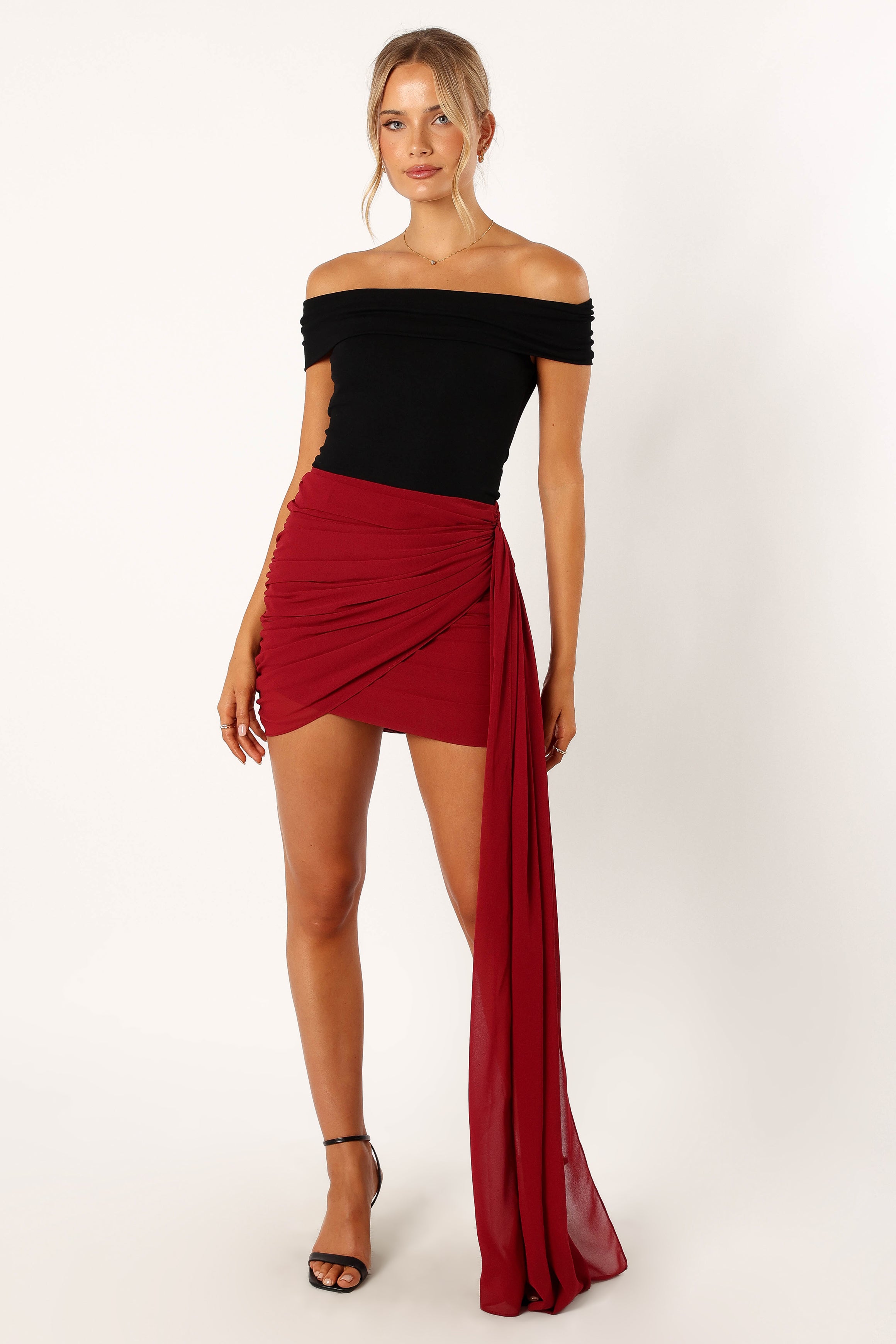 Merlot Ruched Mini Skirt with Train for Evening Wear