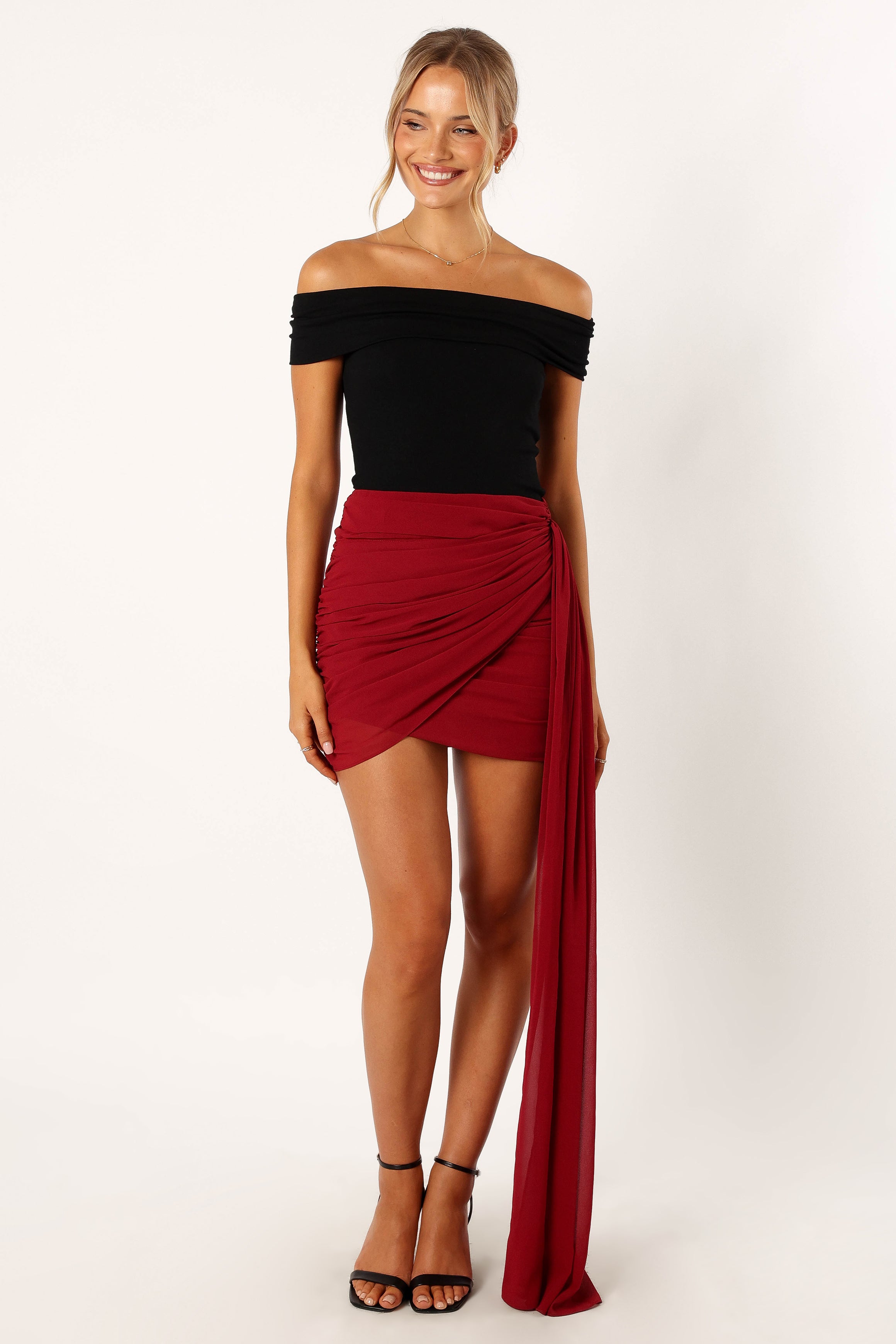 Merlot Ruched Mini Skirt with Train for Evening Wear