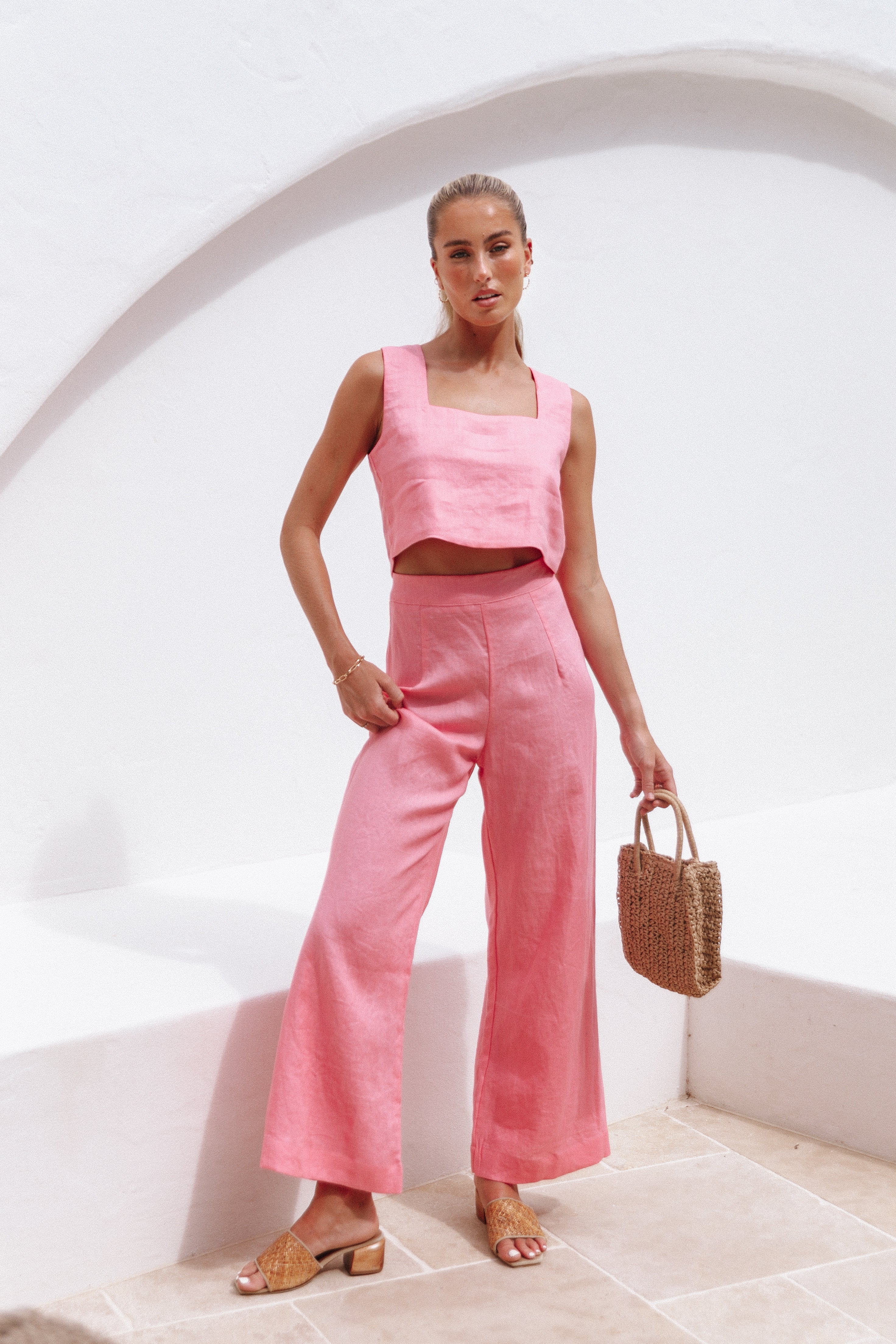Women's High Waisted Linen Wide Leg Pants - Devlin Pink