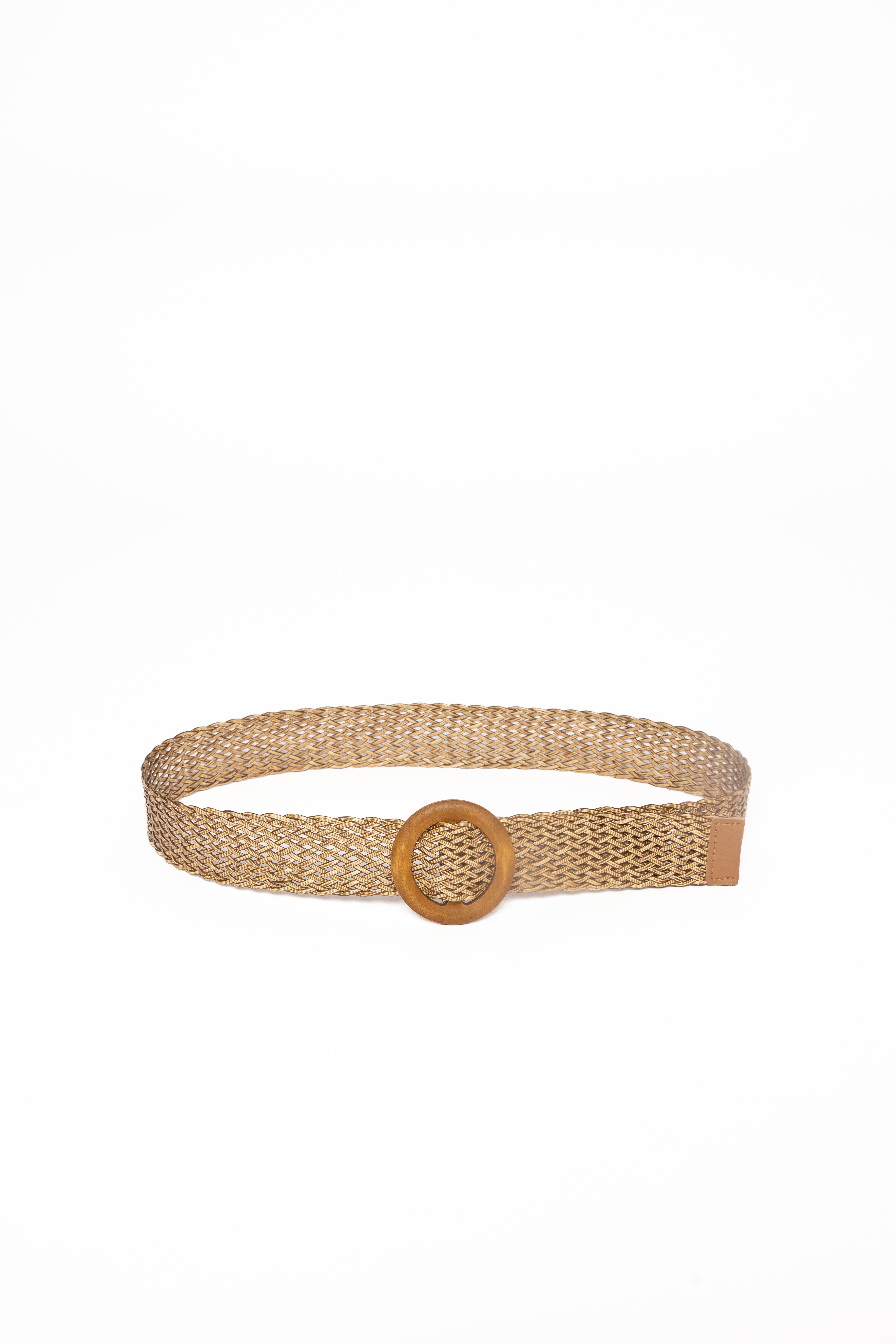 Adela Woven Leather Belt with Wood Buckle - Brown