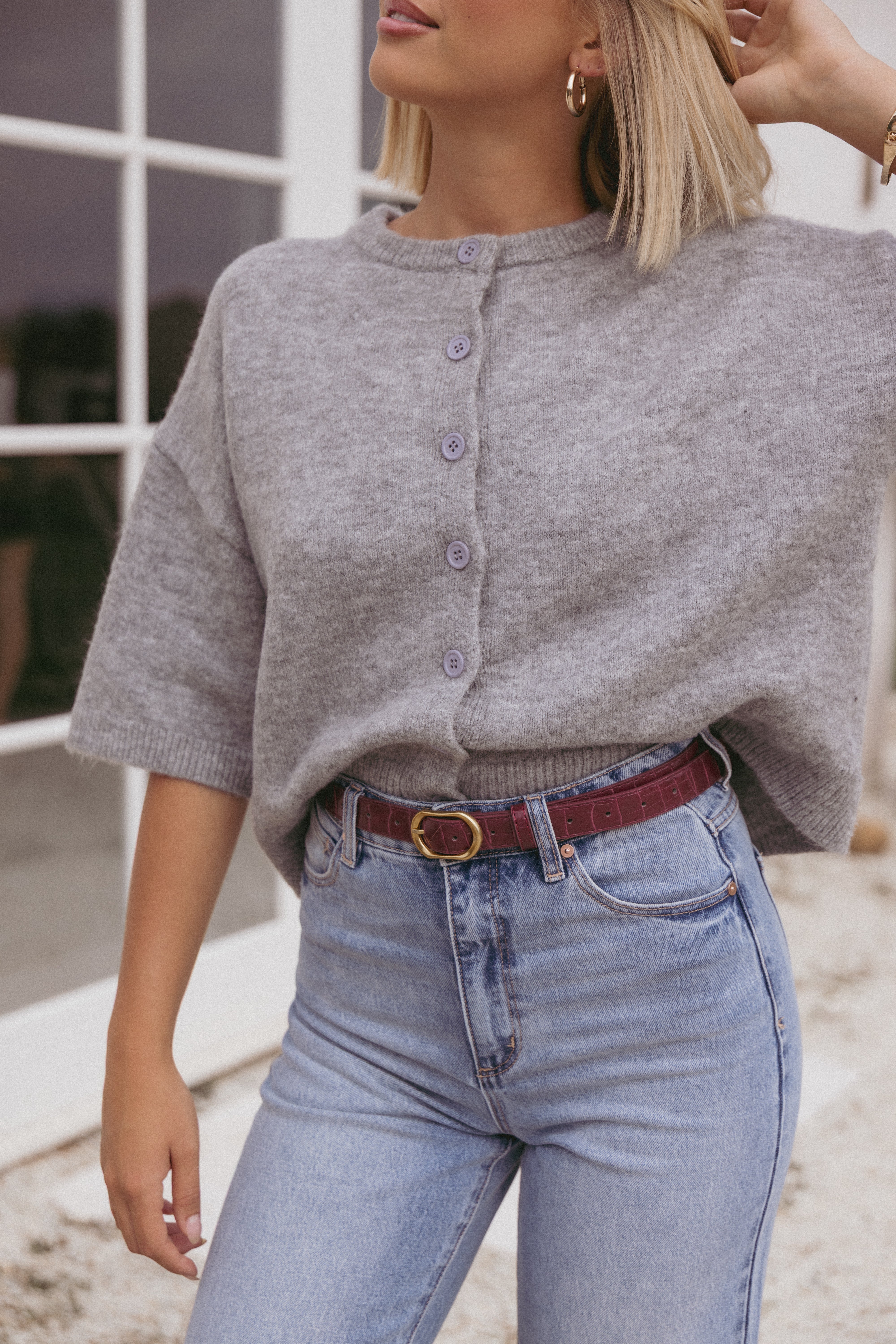 Althea Faux Leather Belt with Gold Buckle - Cherry