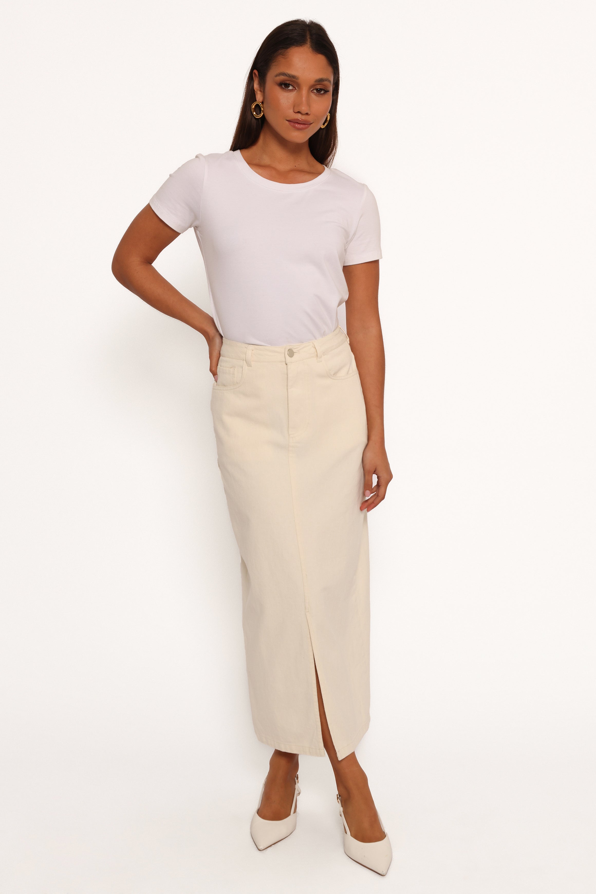 Women's Cream Corduroy Midi Skirt with Pockets & Belt Loops - Kellen