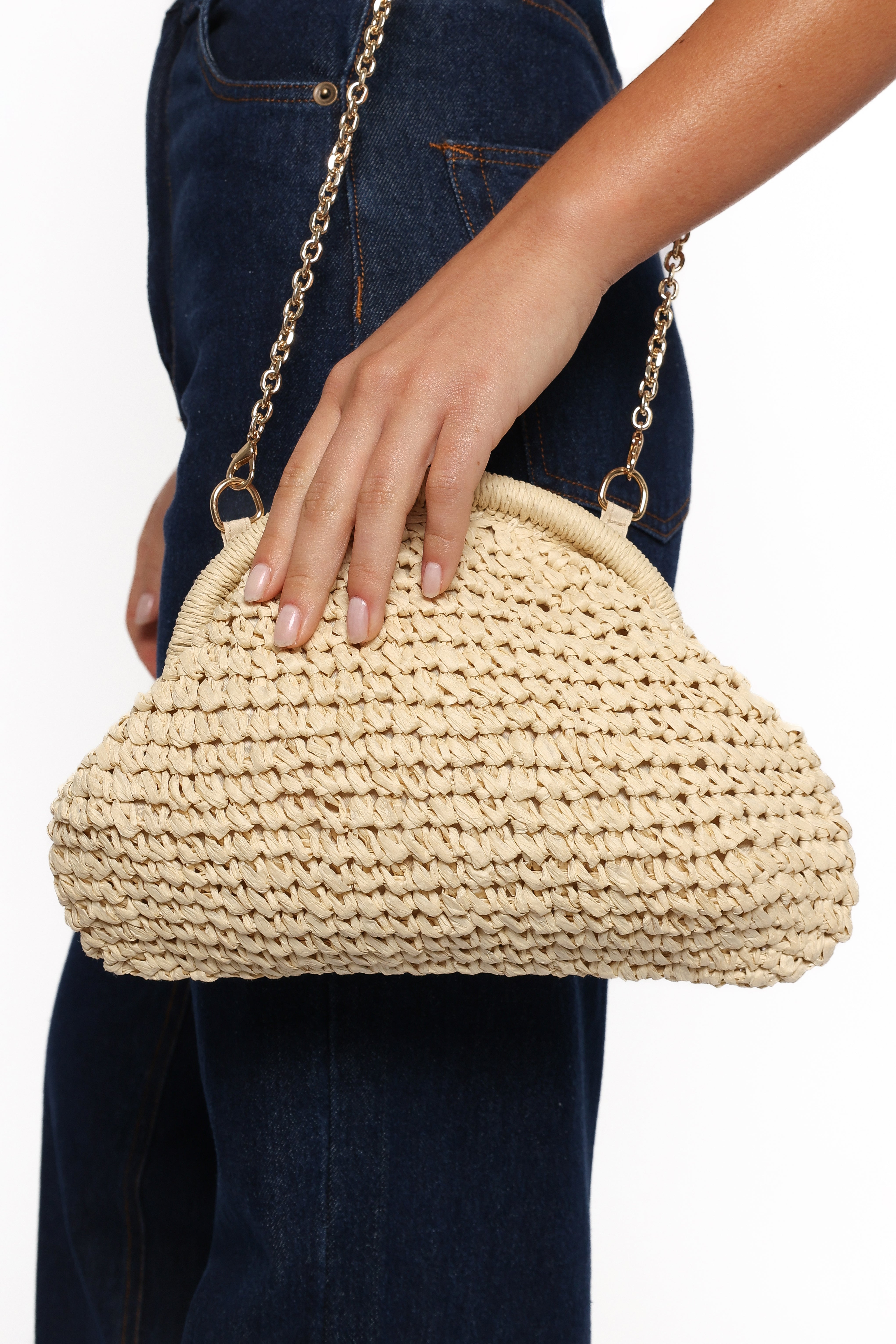 Raffia Clutch Bag - Natural Croissant Shape with Adjustable Strap
