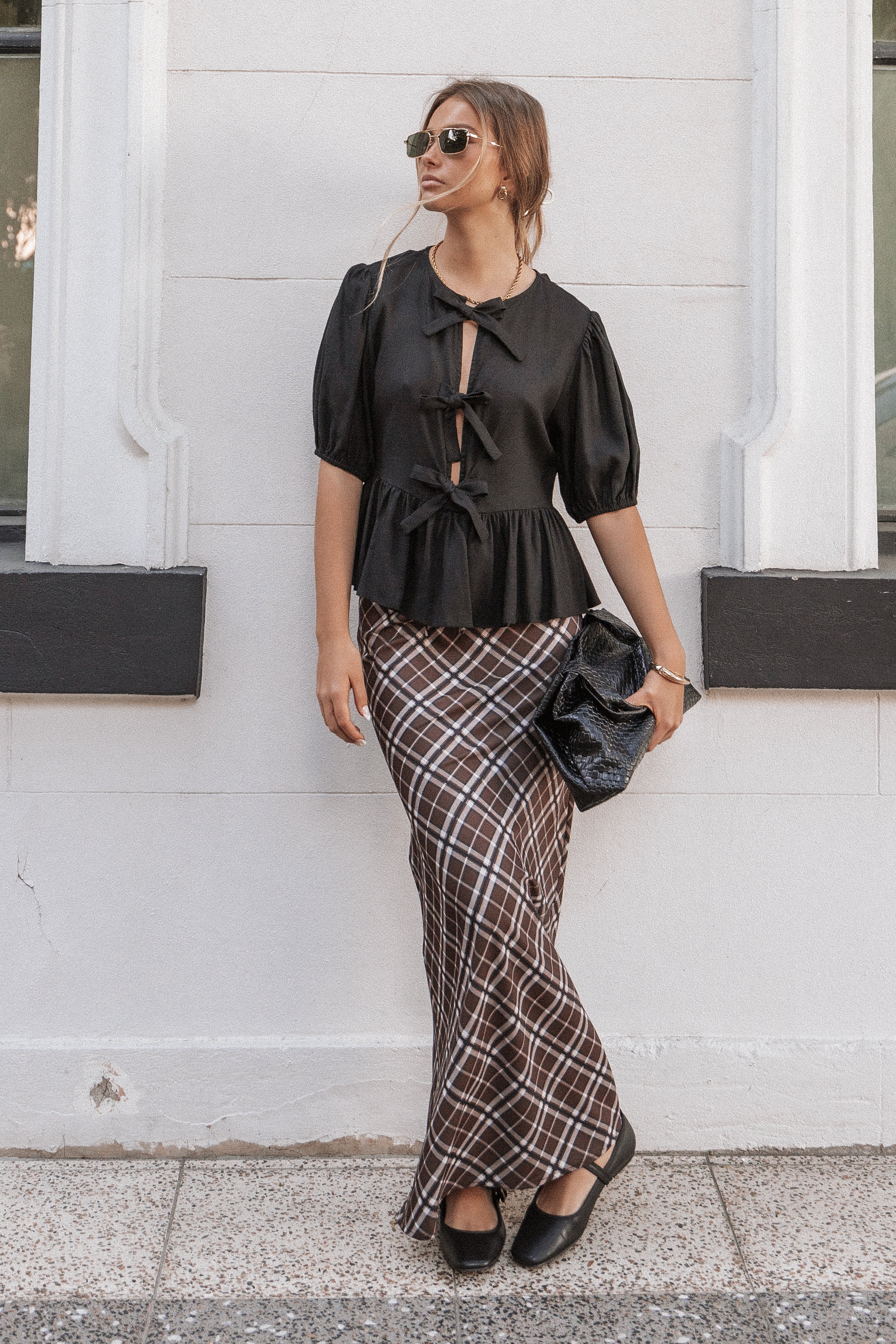 Brown Check High Waist Midi Skirt - Sandra Elastic Waistband
