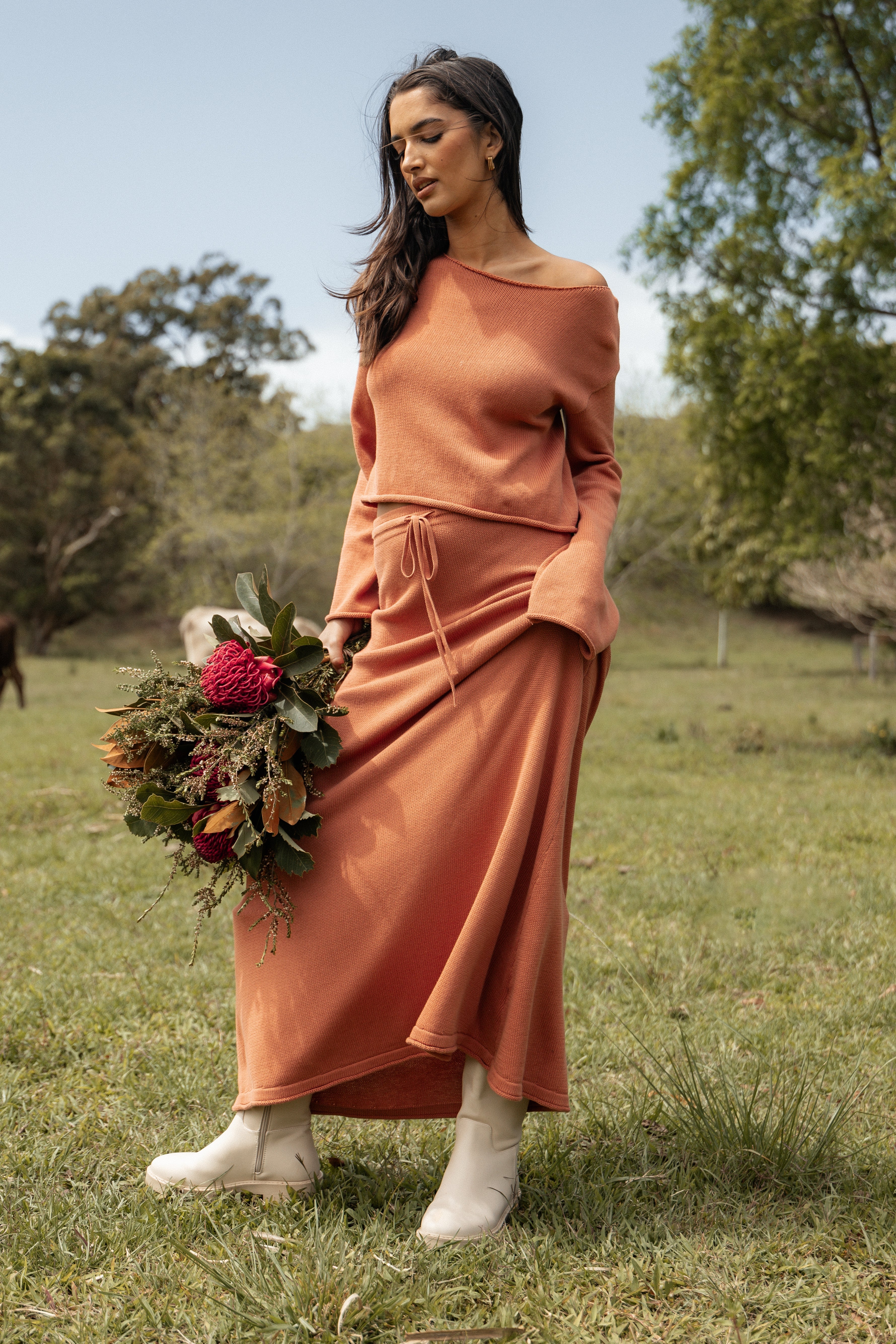 Rooney High Waisted Cotton Knit Skirt - Cinnamon Maxi Length