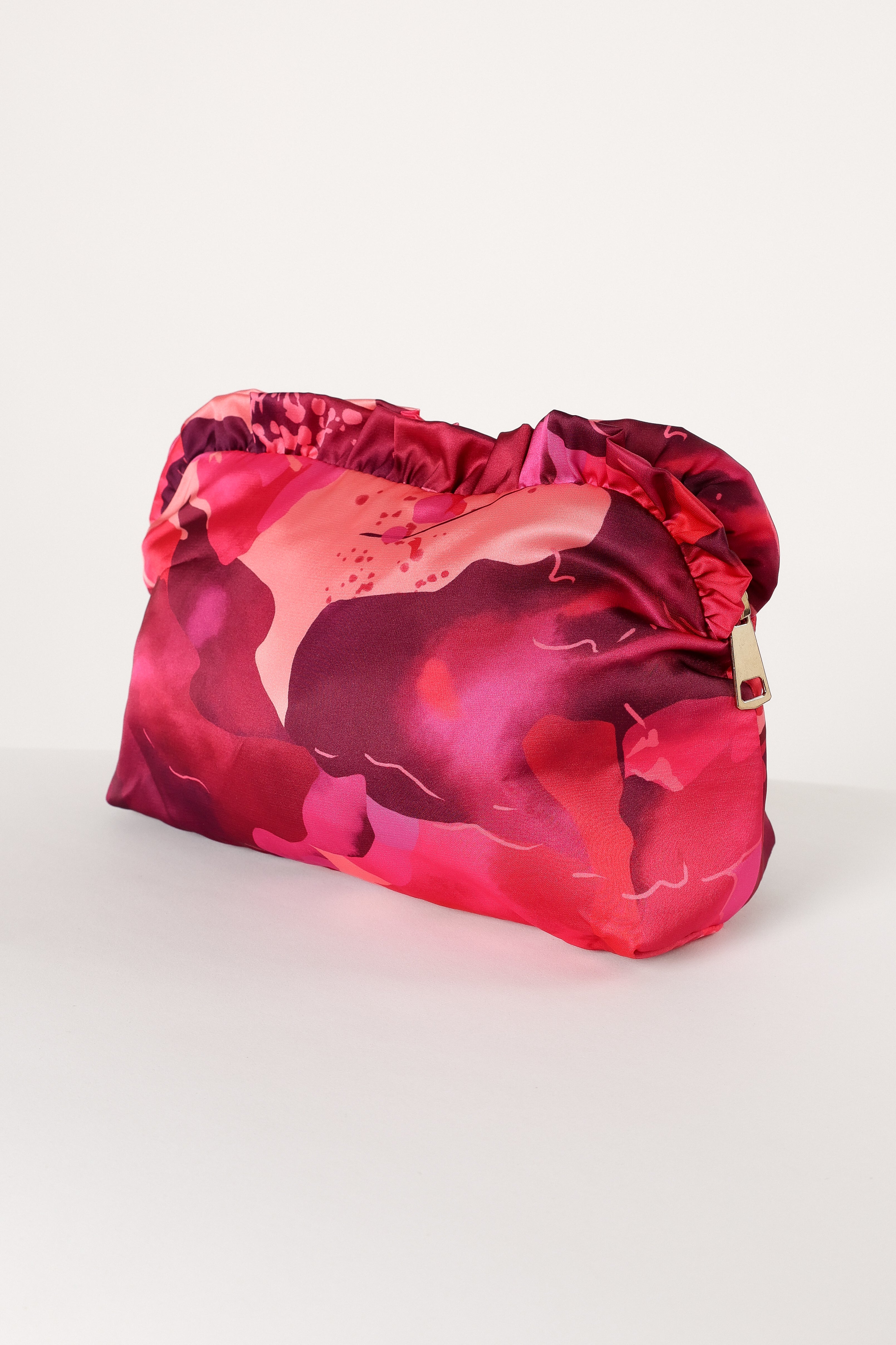 Floral Satin Ruffle Pouch with Zip Top - Elegant Makeup Bag