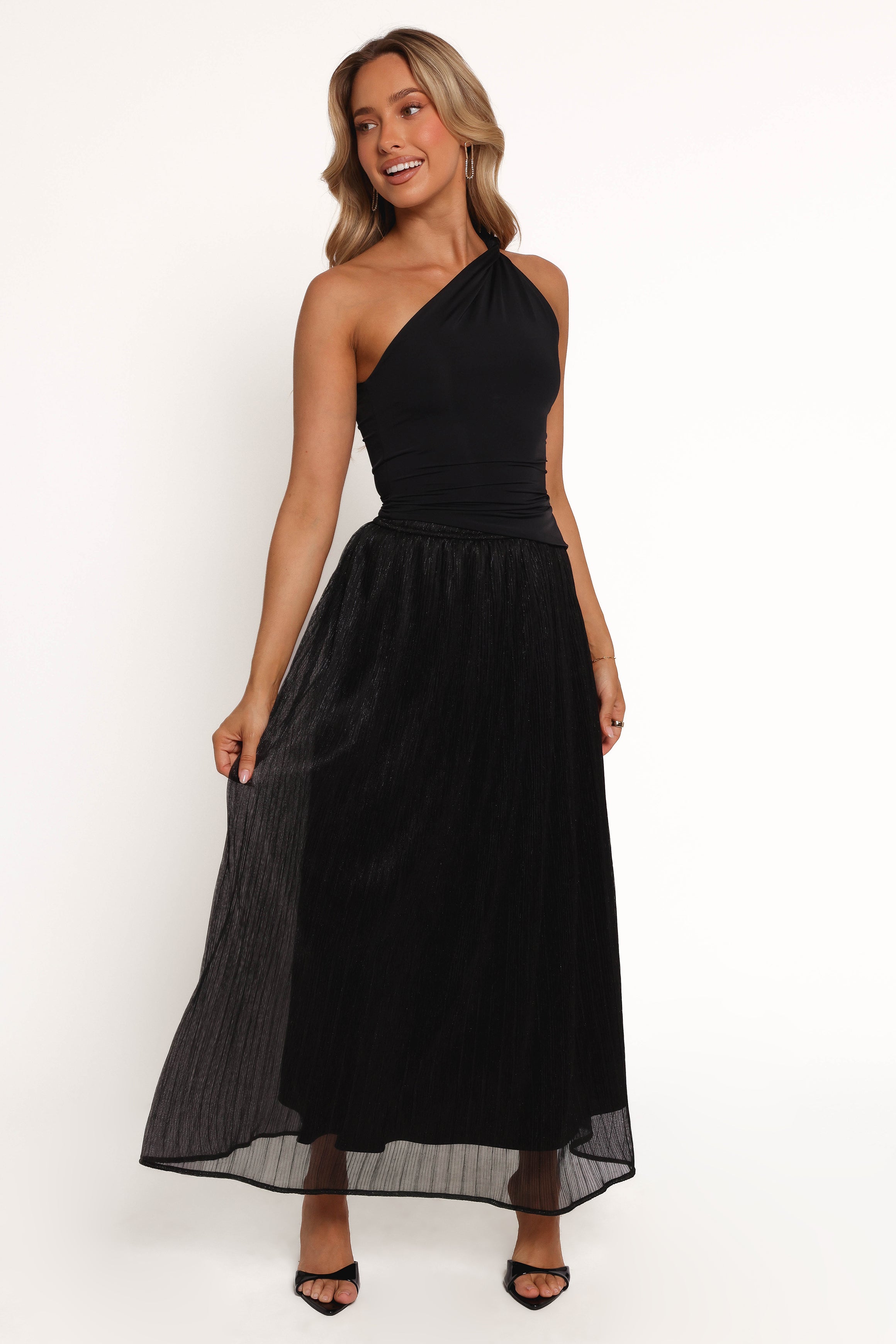Black Tricia Maxi Skirt with Elastic Waist & Plisse Overlay