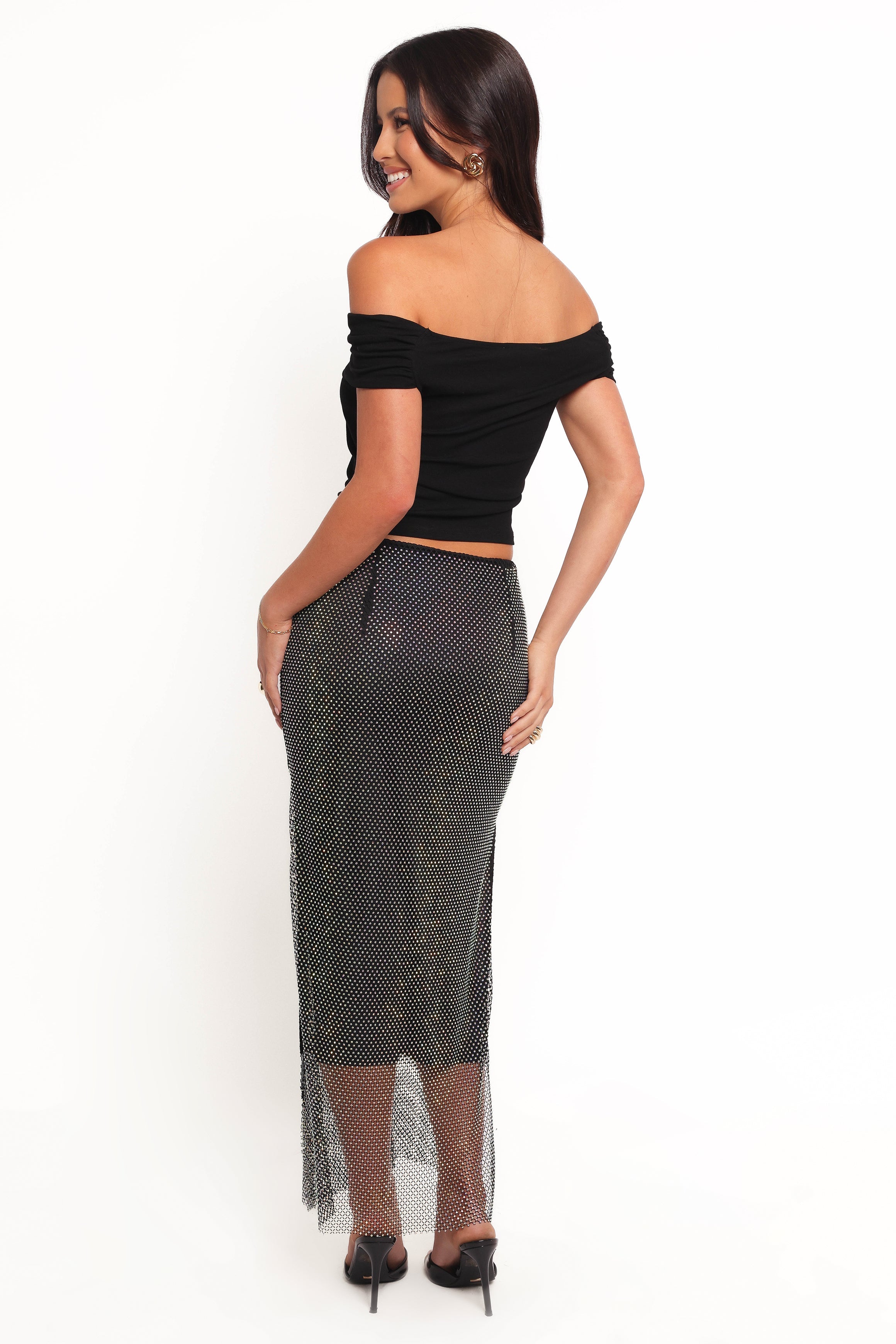 Sherida Rhinestone Mesh Midi Skirt - Black High Waisted