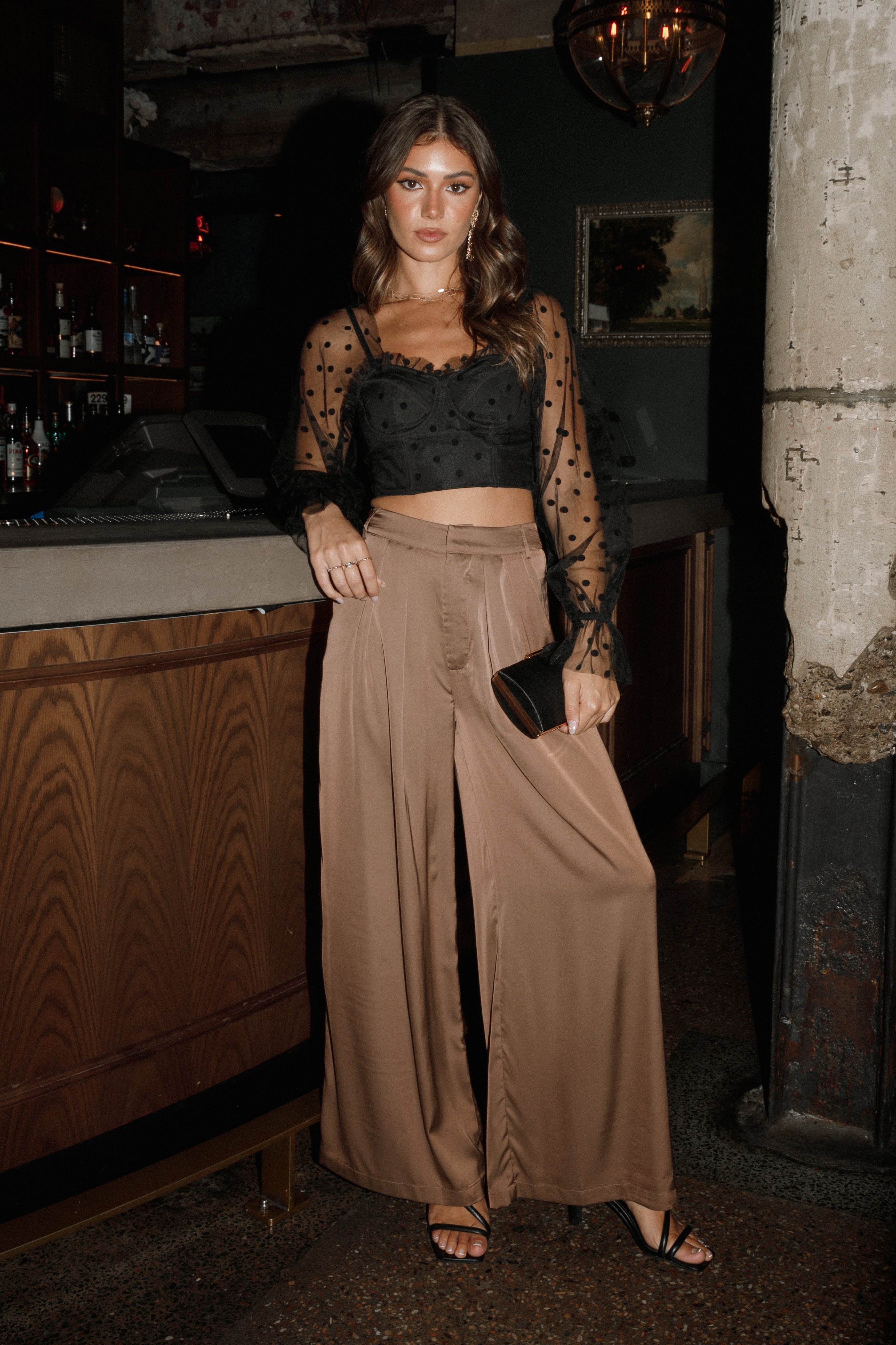 Women's High Waisted Wide Leg Satin Pants - Mocha Wellington Style