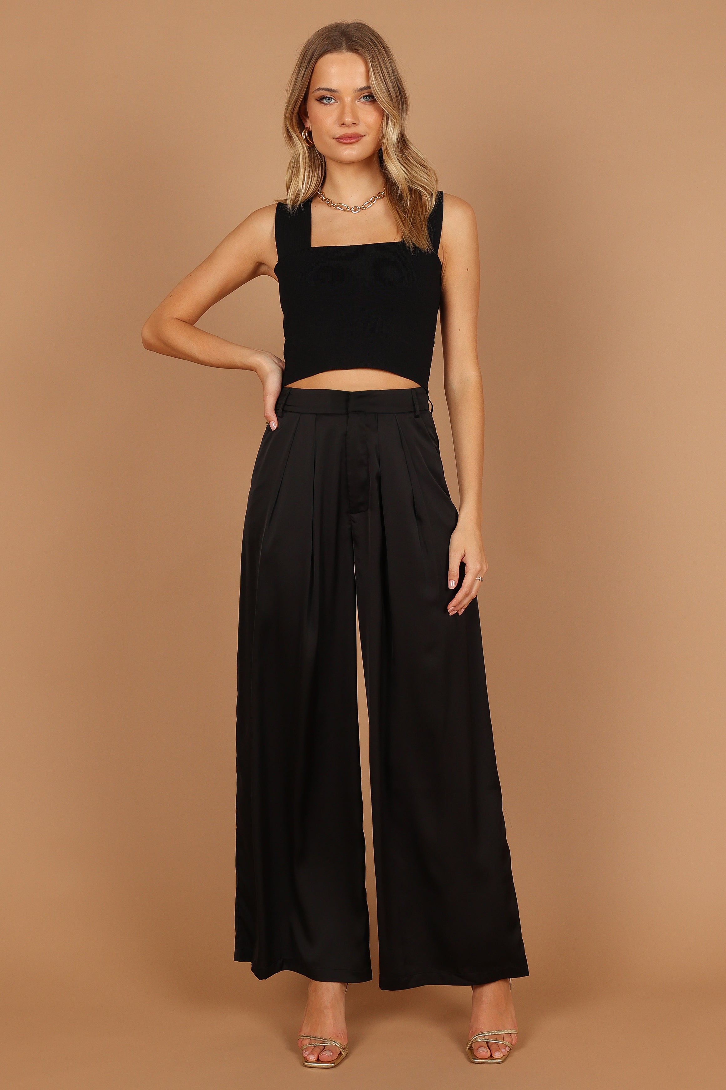 Women's High Waisted Satin Wide Leg Pants - Black Wellington Style