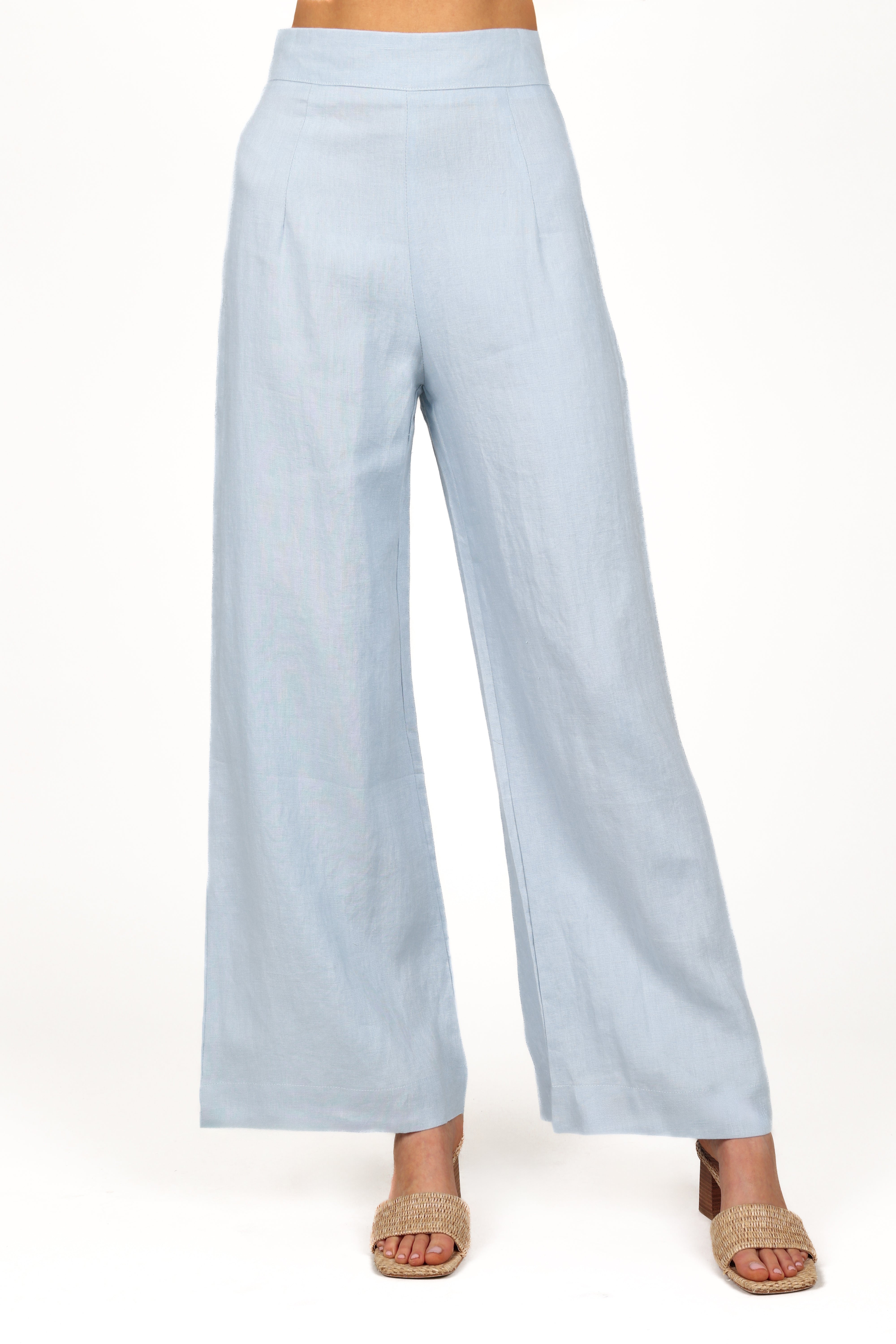Women's High Waisted Linen Pants - Devlin Wide Leg Blue