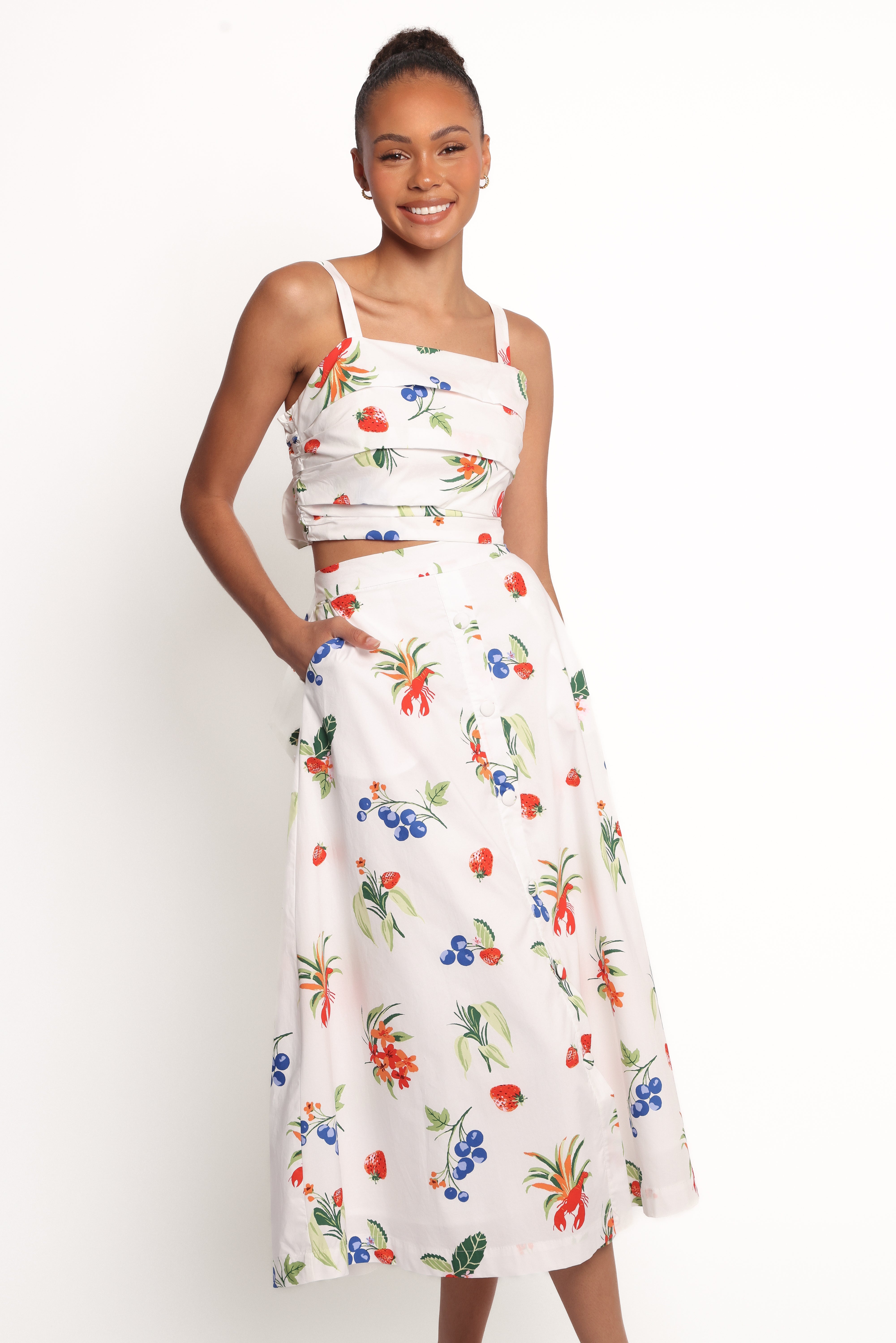Fruit Print Cotton Midi Skirt - Off White Red A-Line