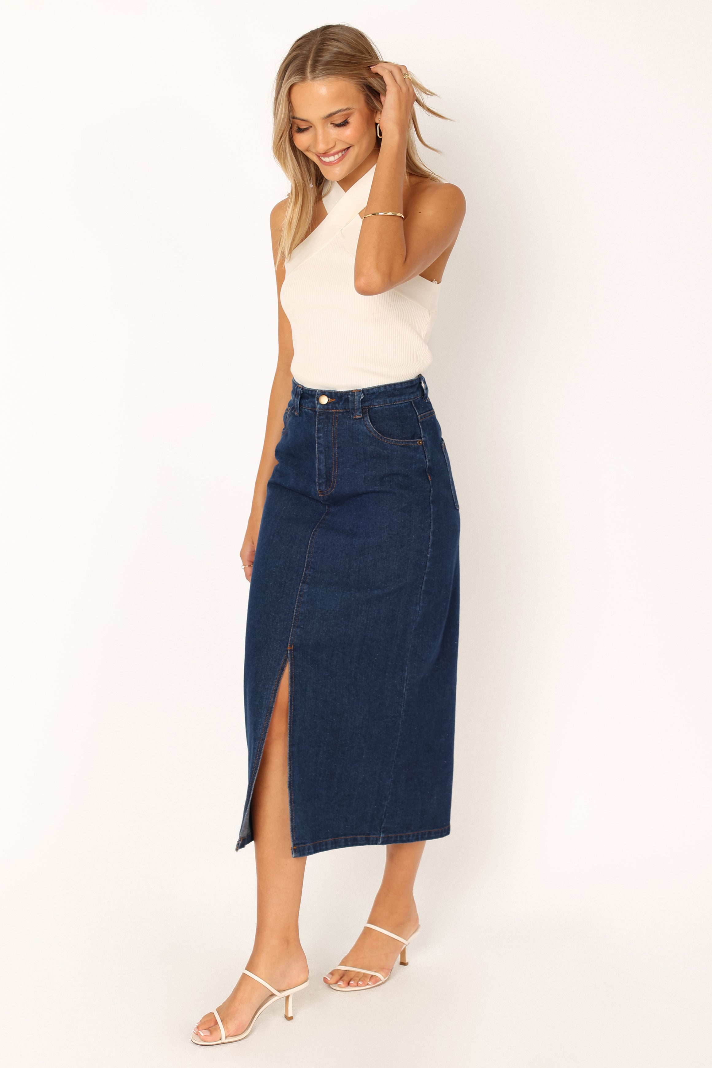 Rana Denim Midi Skirt - Dark Wash Cotton with Front Zip & Pockets