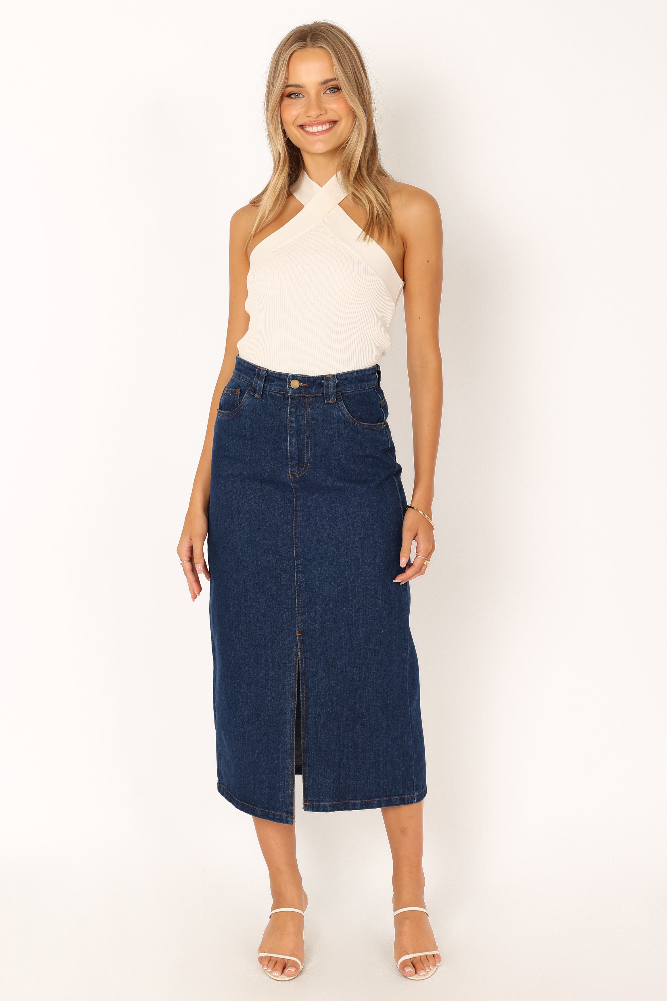 Rana Denim Midi Skirt - Dark Wash Cotton with Front Zip & Pockets