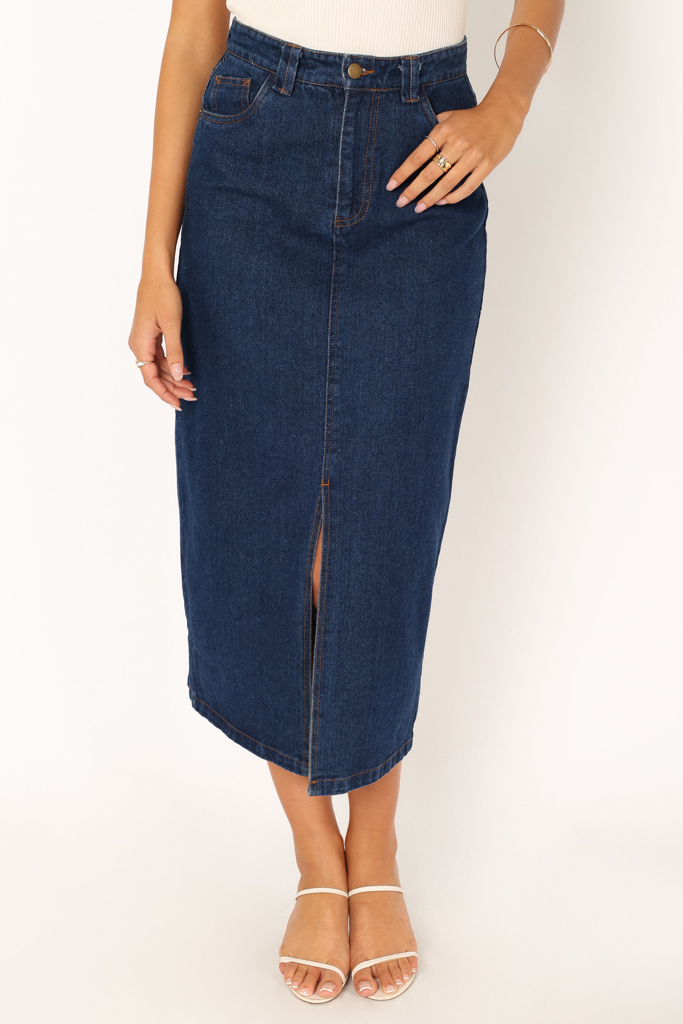 Rana Denim Midi Skirt - Dark Wash Cotton with Front Zip & Pockets
