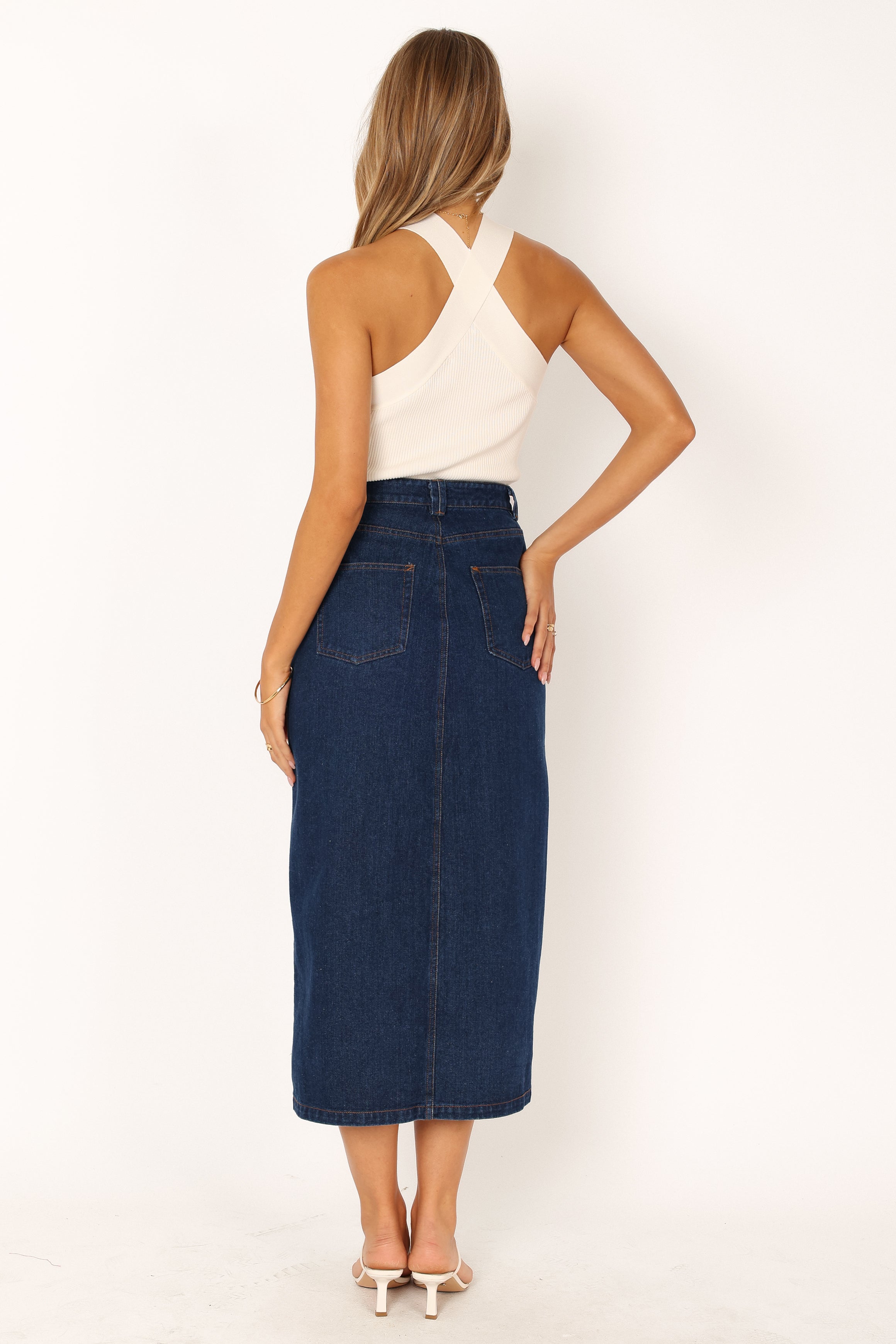 Rana Denim Midi Skirt - Dark Wash Cotton with Front Zip & Pockets