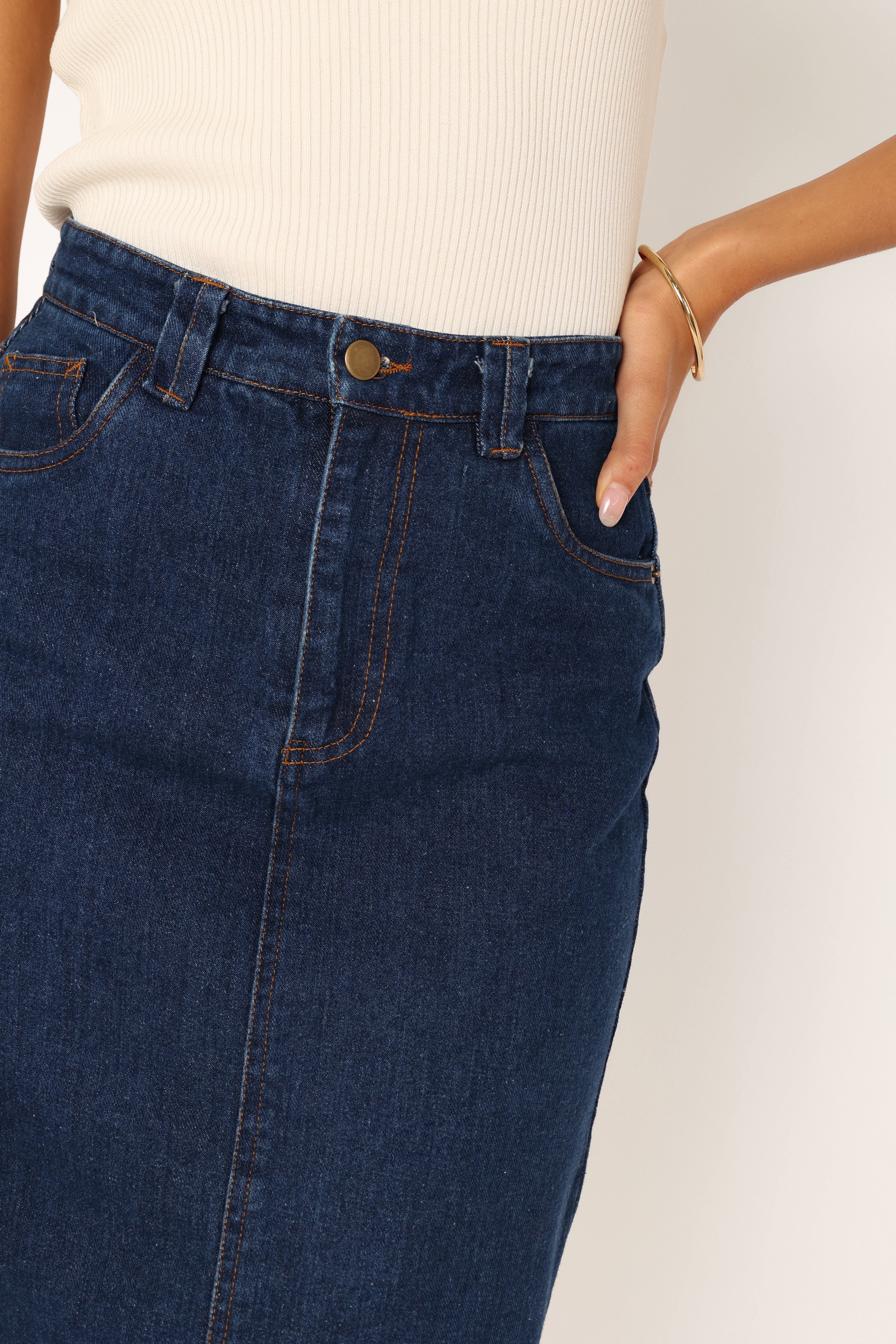 Rana Denim Midi Skirt - Dark Wash Cotton with Front Zip & Pockets