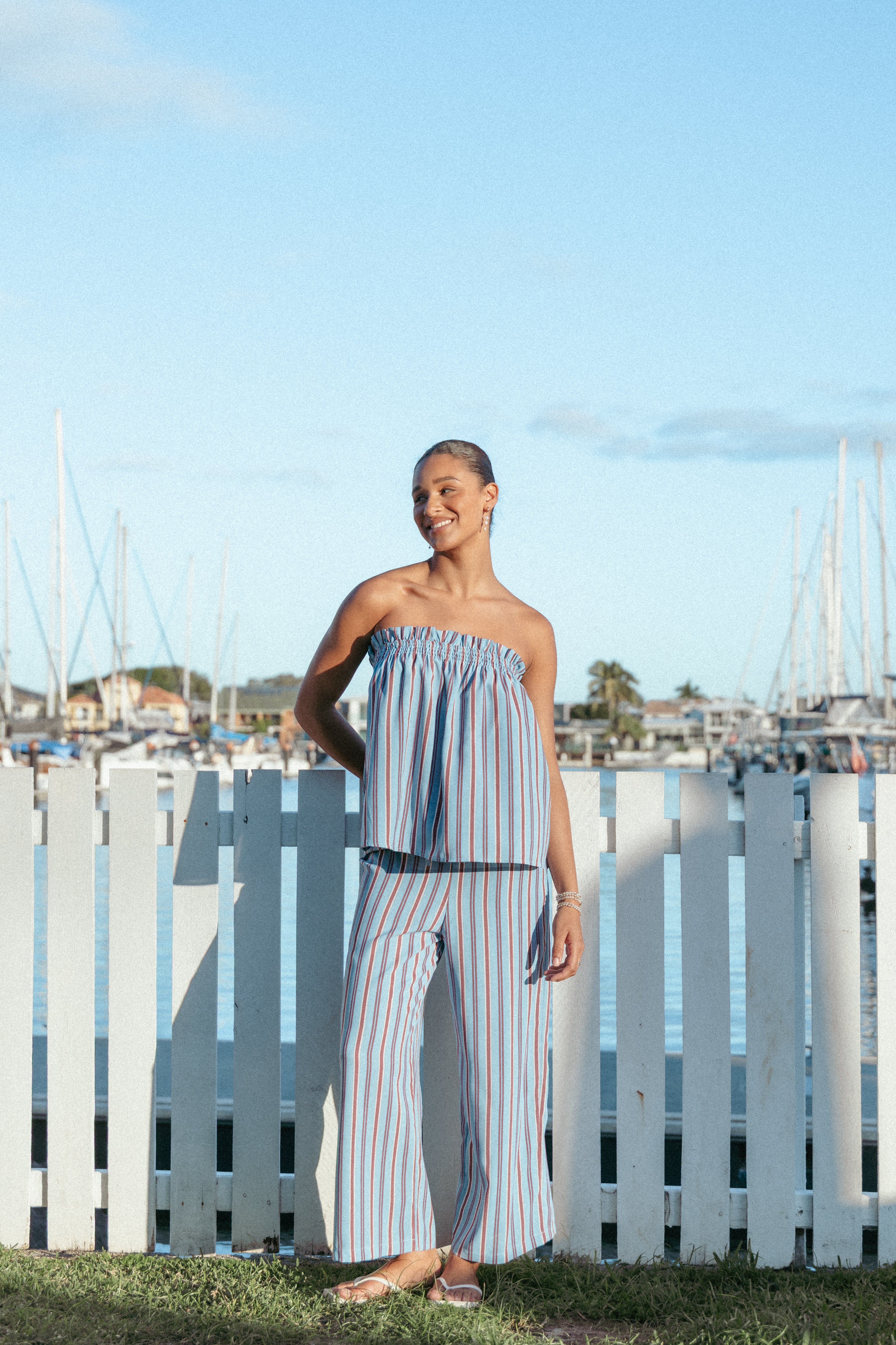 Zemira High Rise Wide Leg Pants - Blue Stripe Polyester