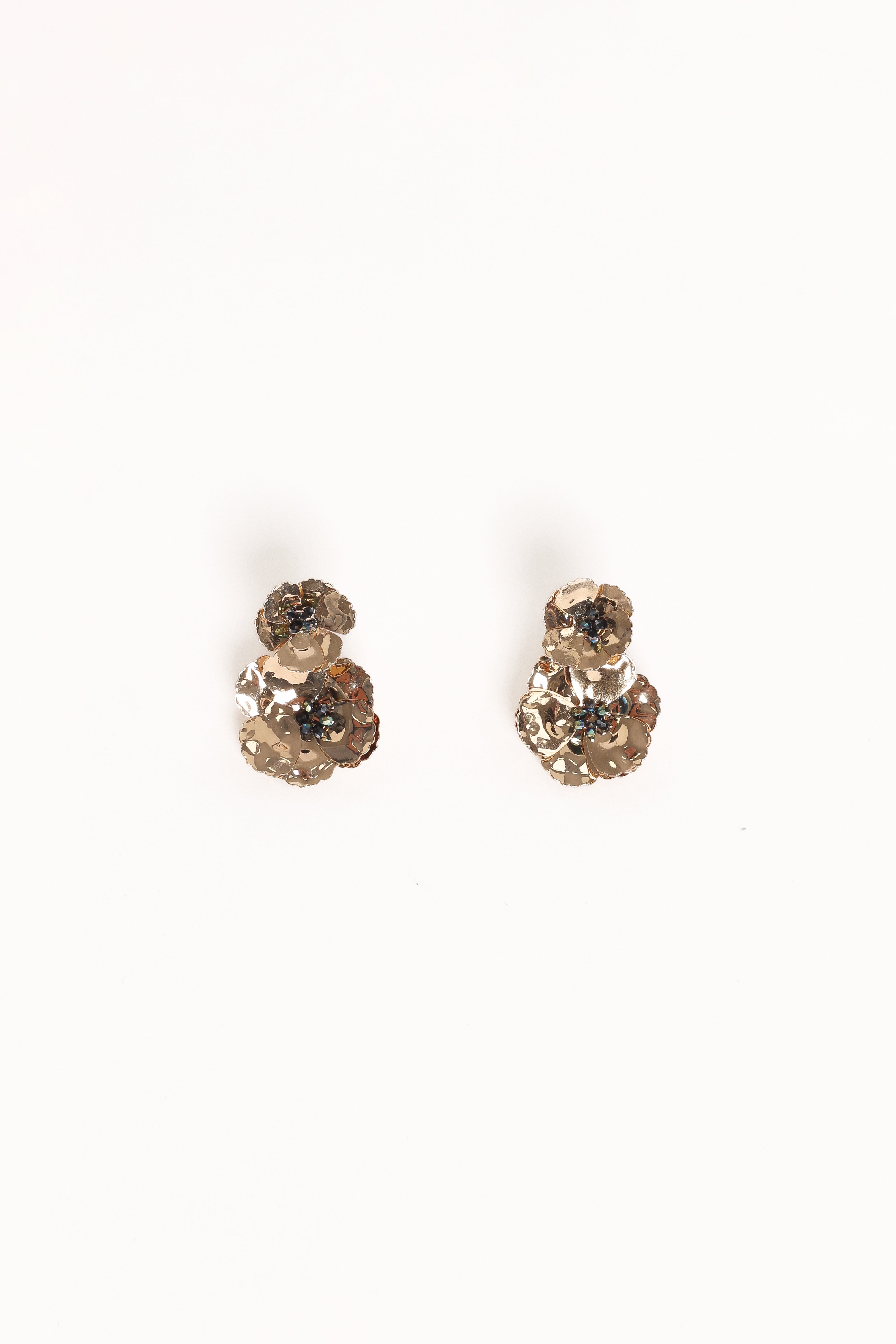 Gold Flower Drop Earrings with Black Bead Center - Evelina