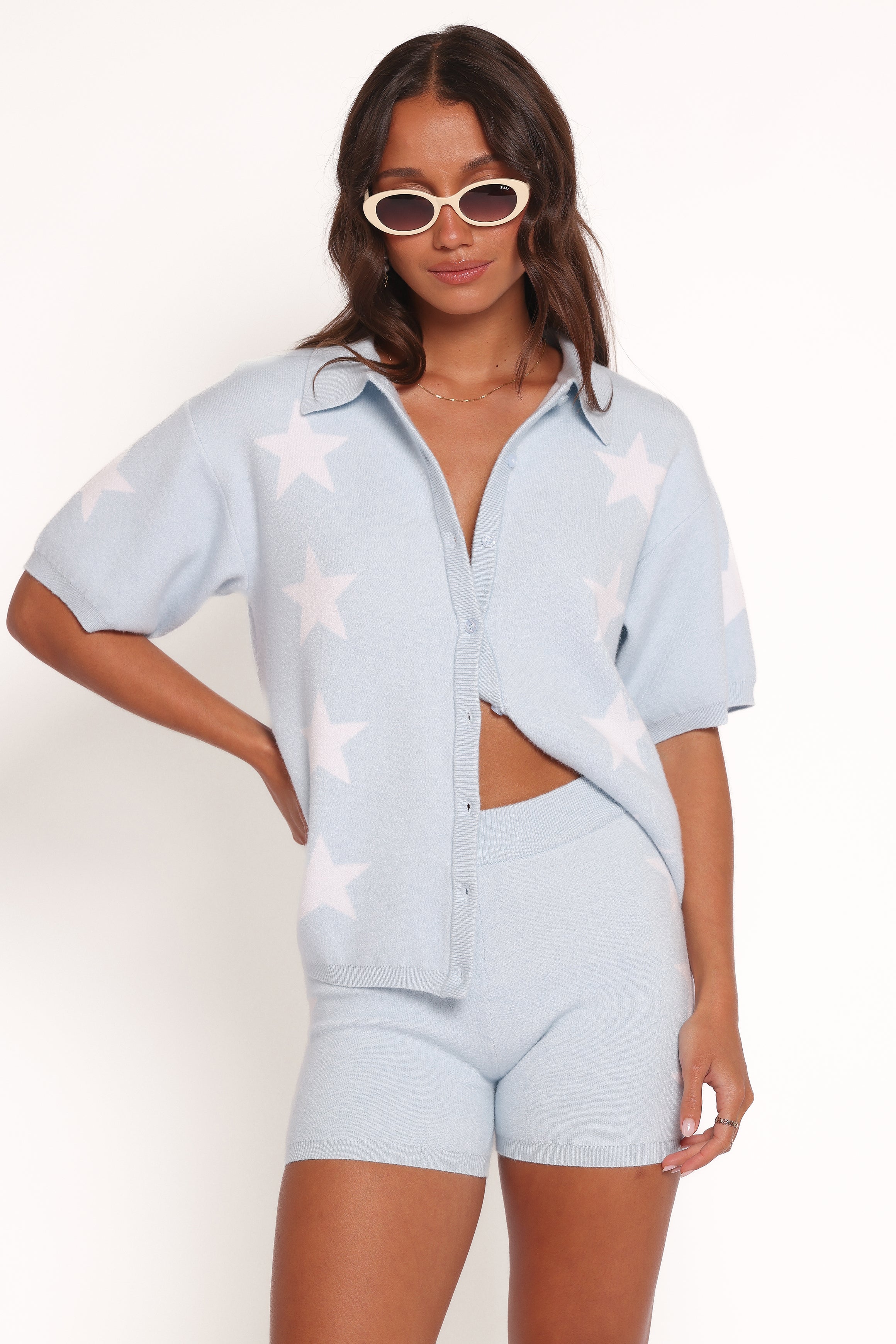Lela High-Rise Knitted Shorts with Star Design - Light Blue