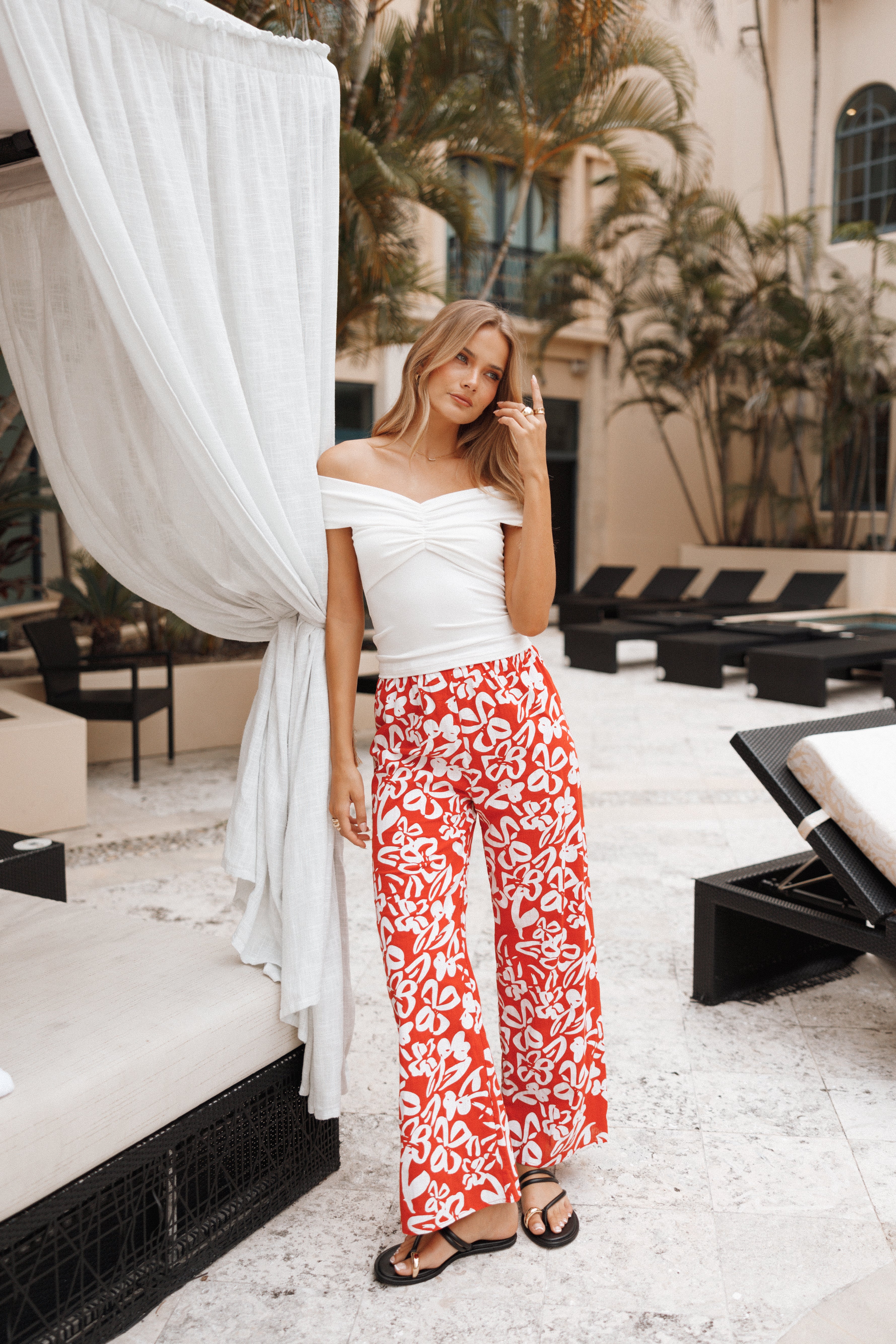Women's High Waisted Floral Wide Leg Pants - Luna Cotton Red