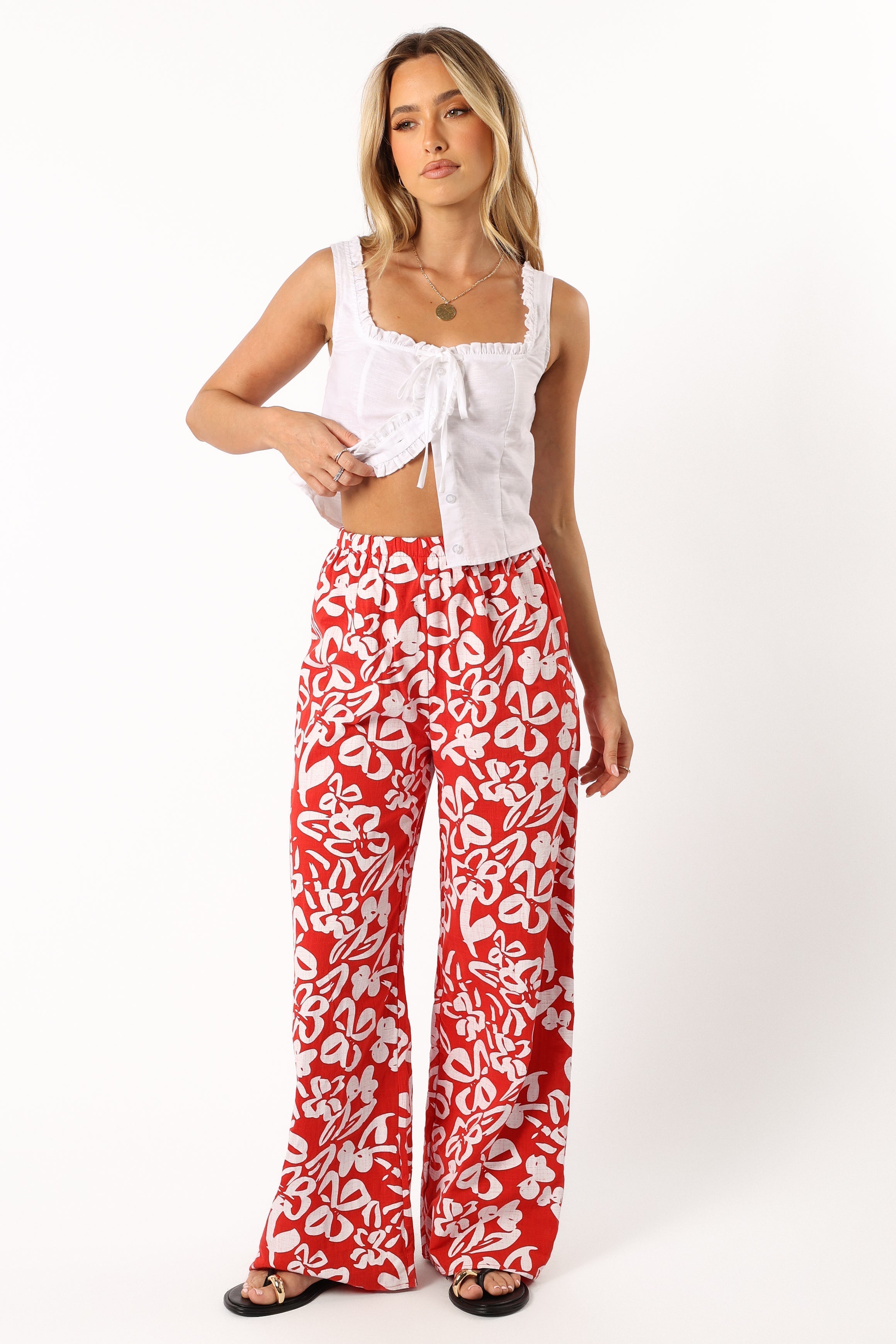 Women's High Waisted Floral Wide Leg Pants - Luna Cotton Red