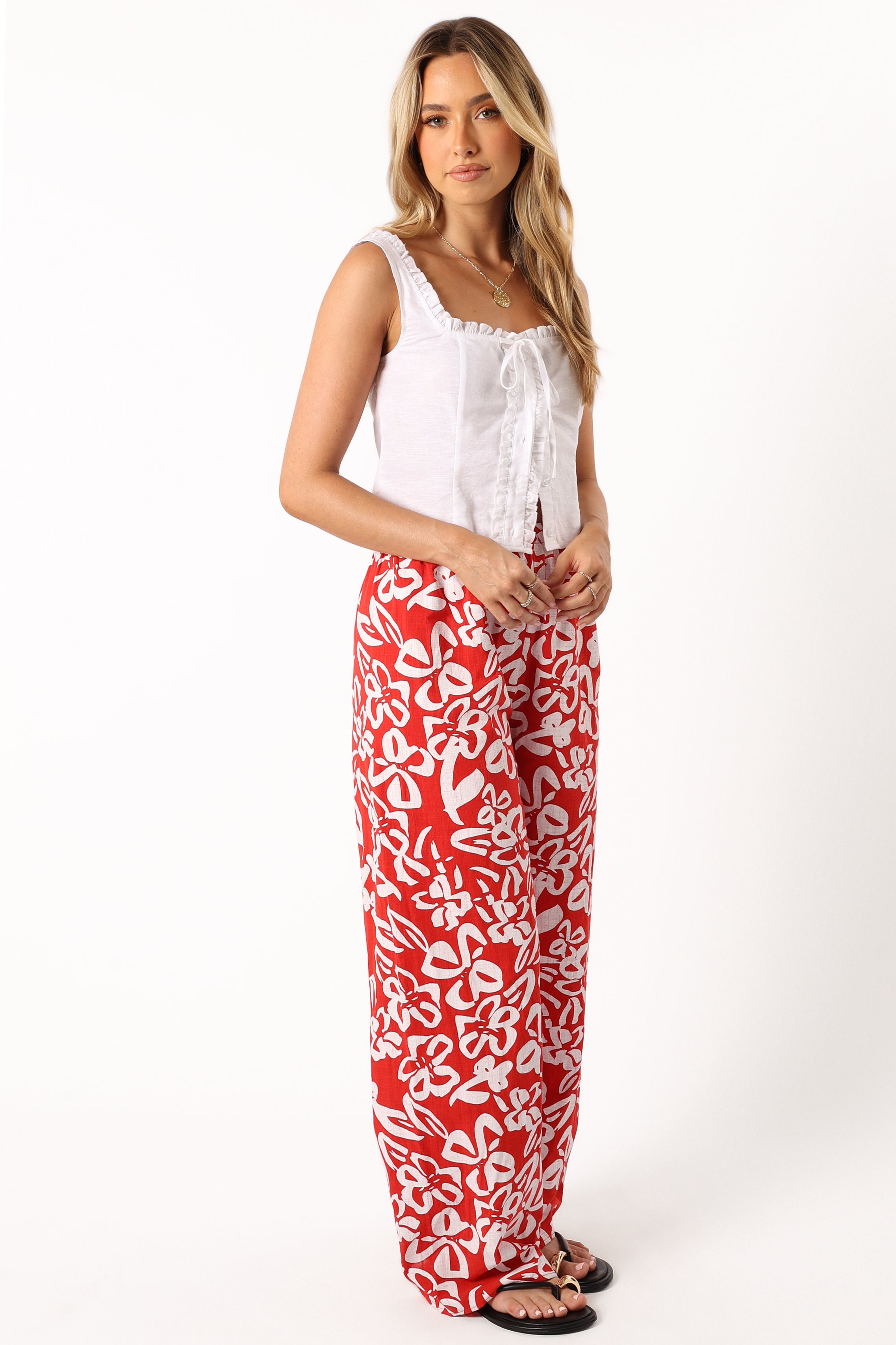 Women's High Waisted Floral Wide Leg Pants - Luna Cotton Red