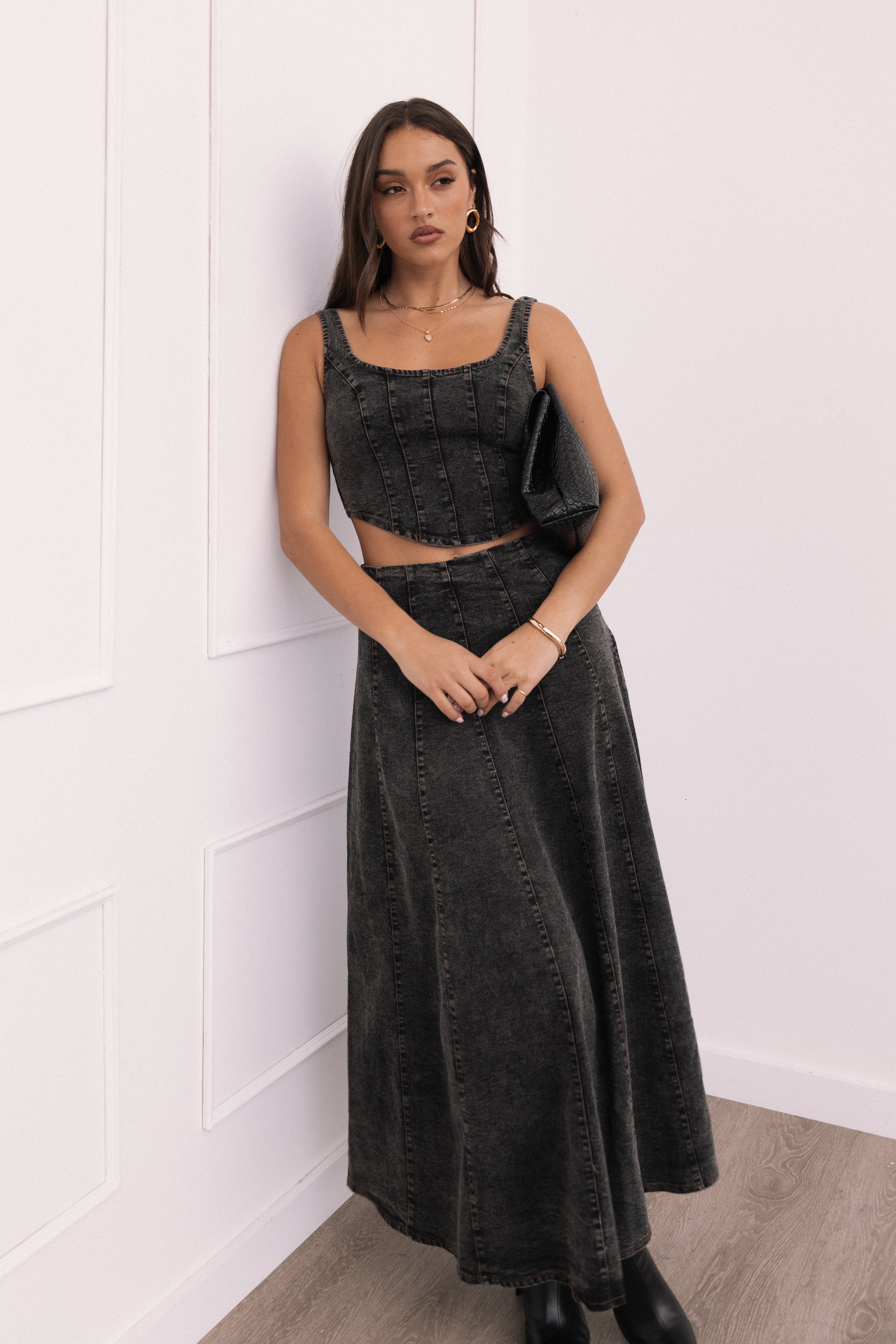 Black Midi Skirt - A-Line Cotton Spandex Mara Skirt for Women