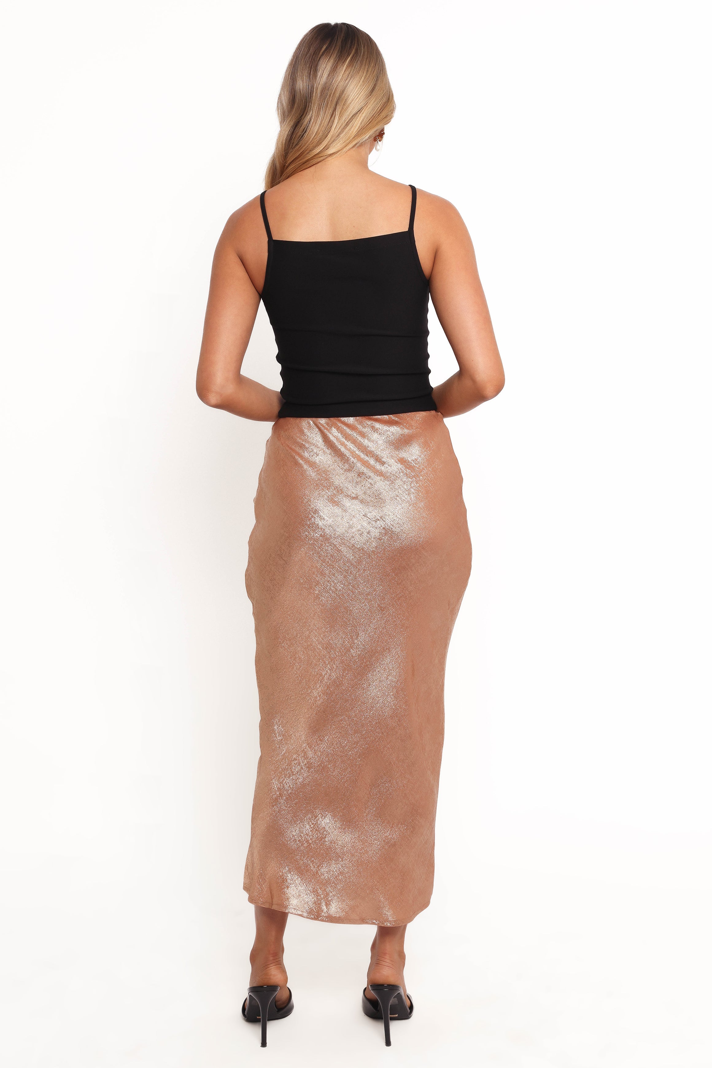 Golden Sand High Waisted Midi Skirt - Elastic Waist Pull-On Design