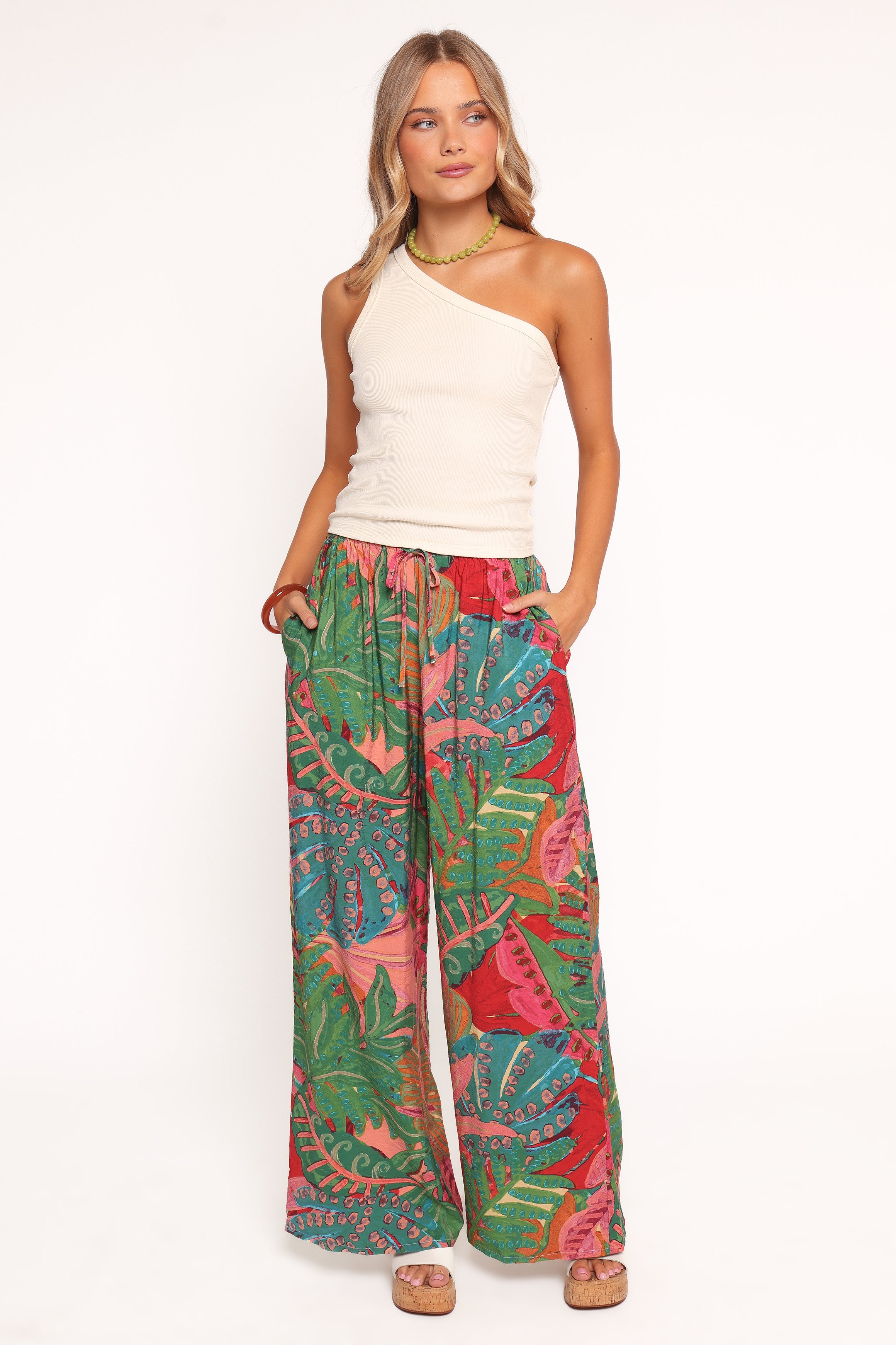 Charly Wide Leg Pants for Women - High Rise Coral Floral Print