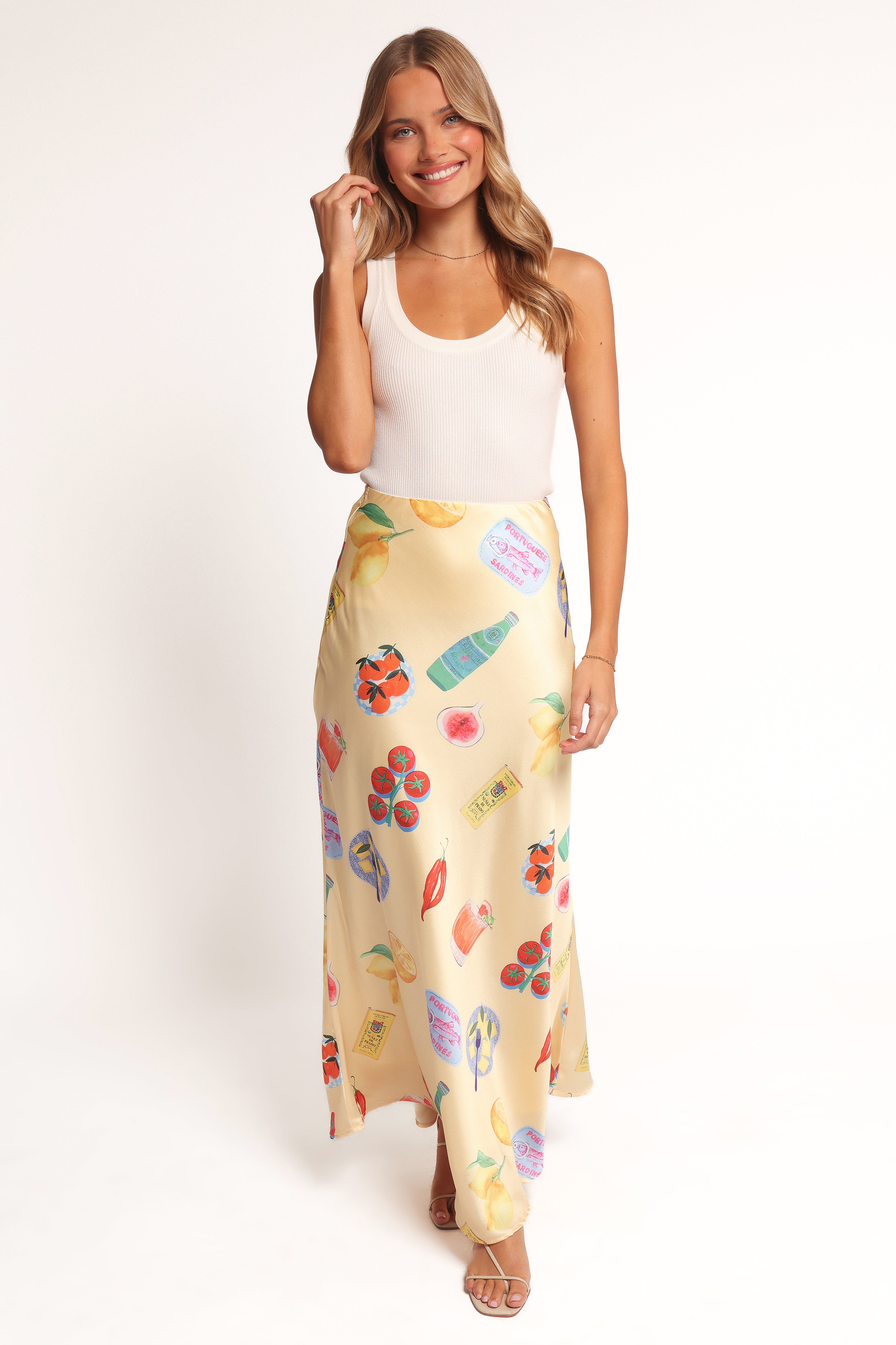 Kinsey Yellow Satin Maxi Skirt with Graphic Print