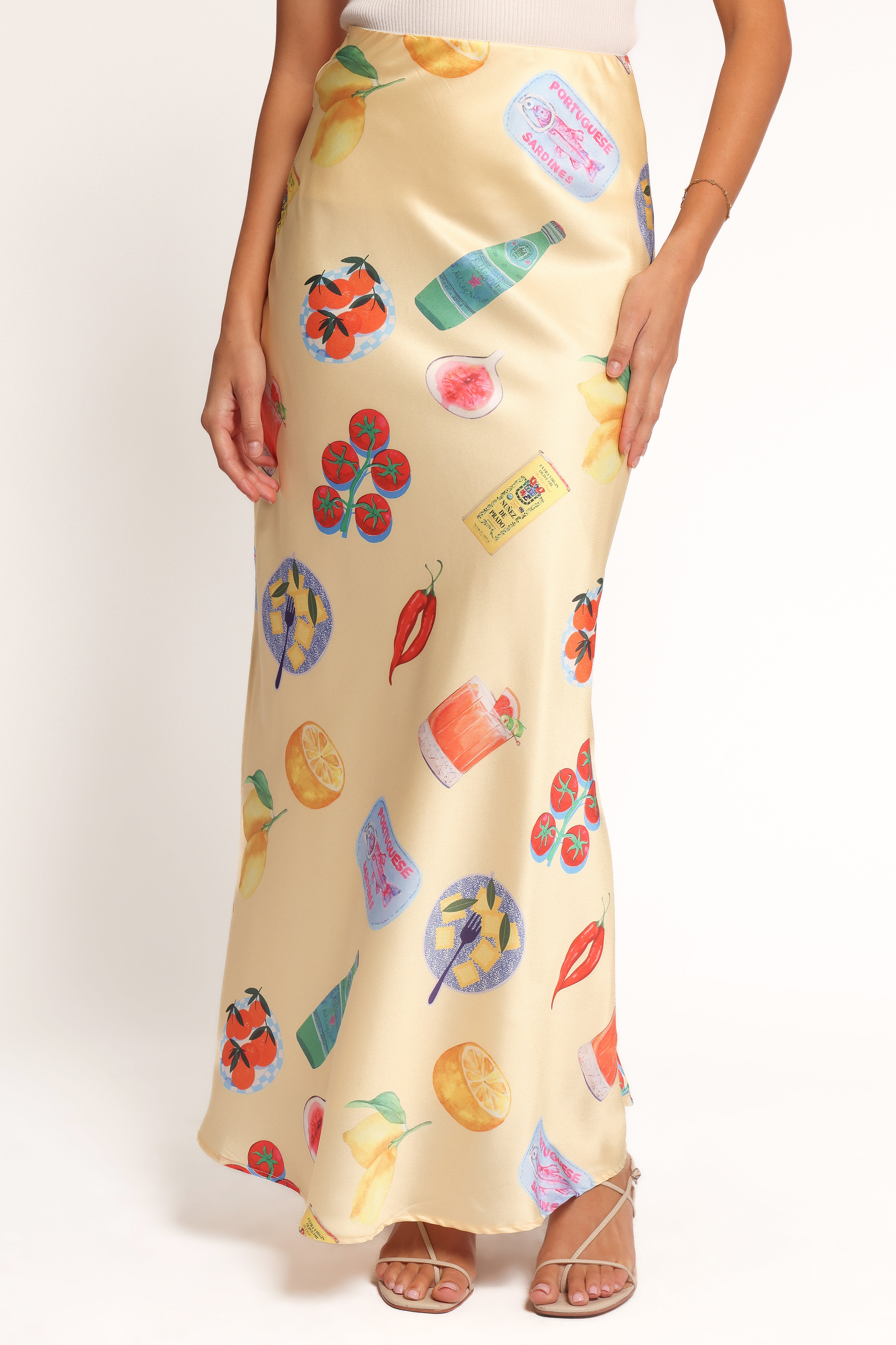 Kinsey Yellow Satin Maxi Skirt with Graphic Print