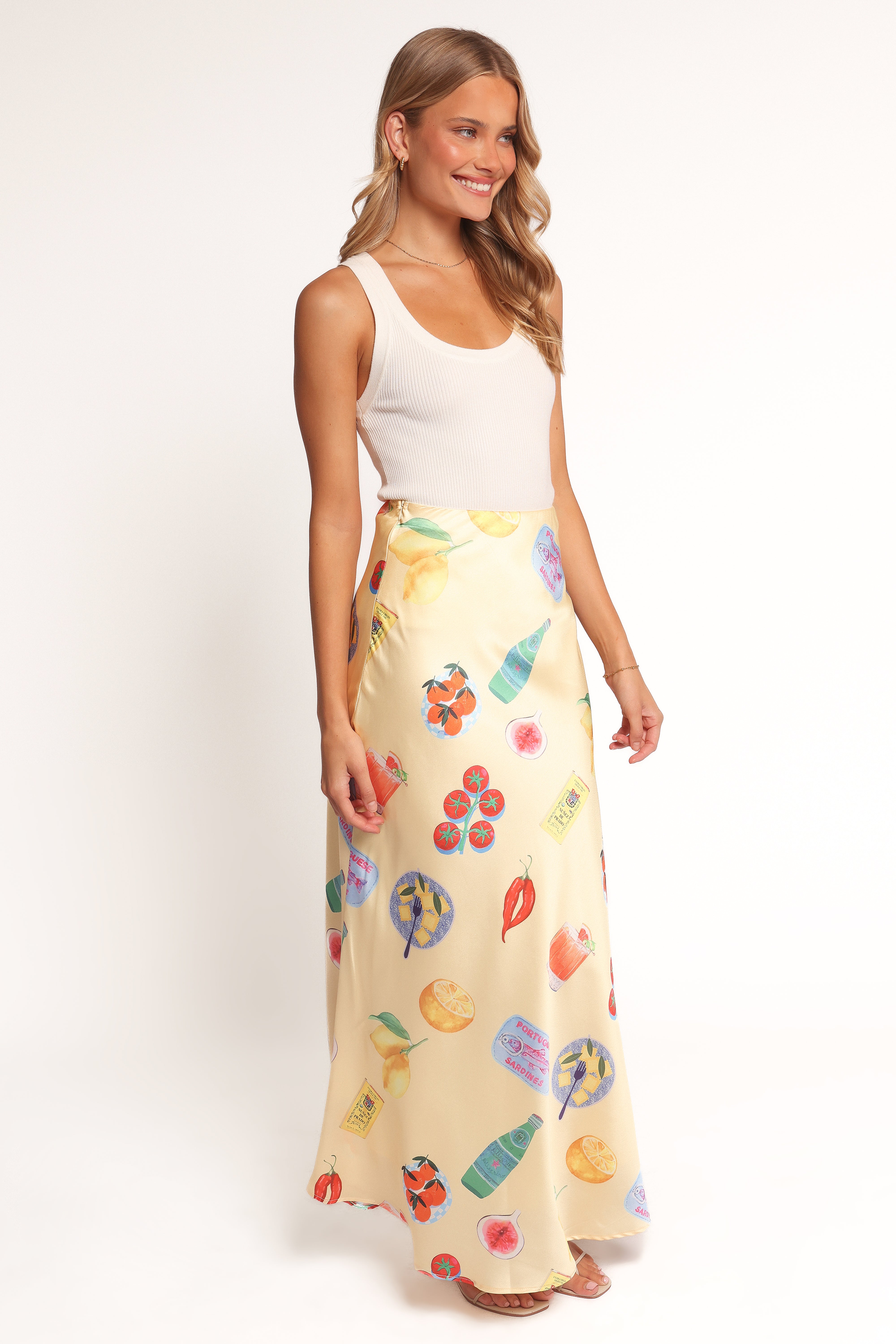 Kinsey Yellow Satin Maxi Skirt with Graphic Print