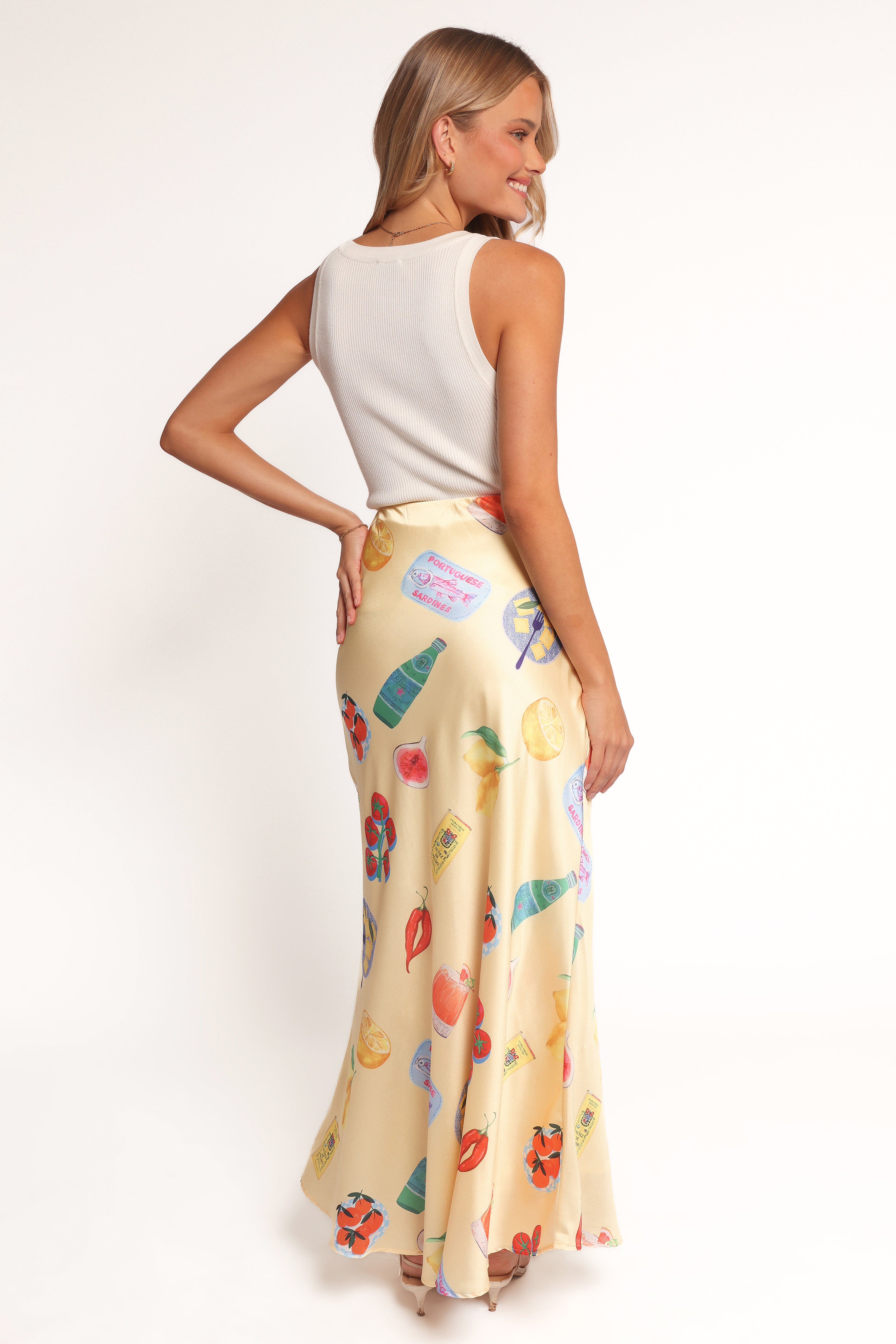 Kinsey Yellow Satin Maxi Skirt with Graphic Print