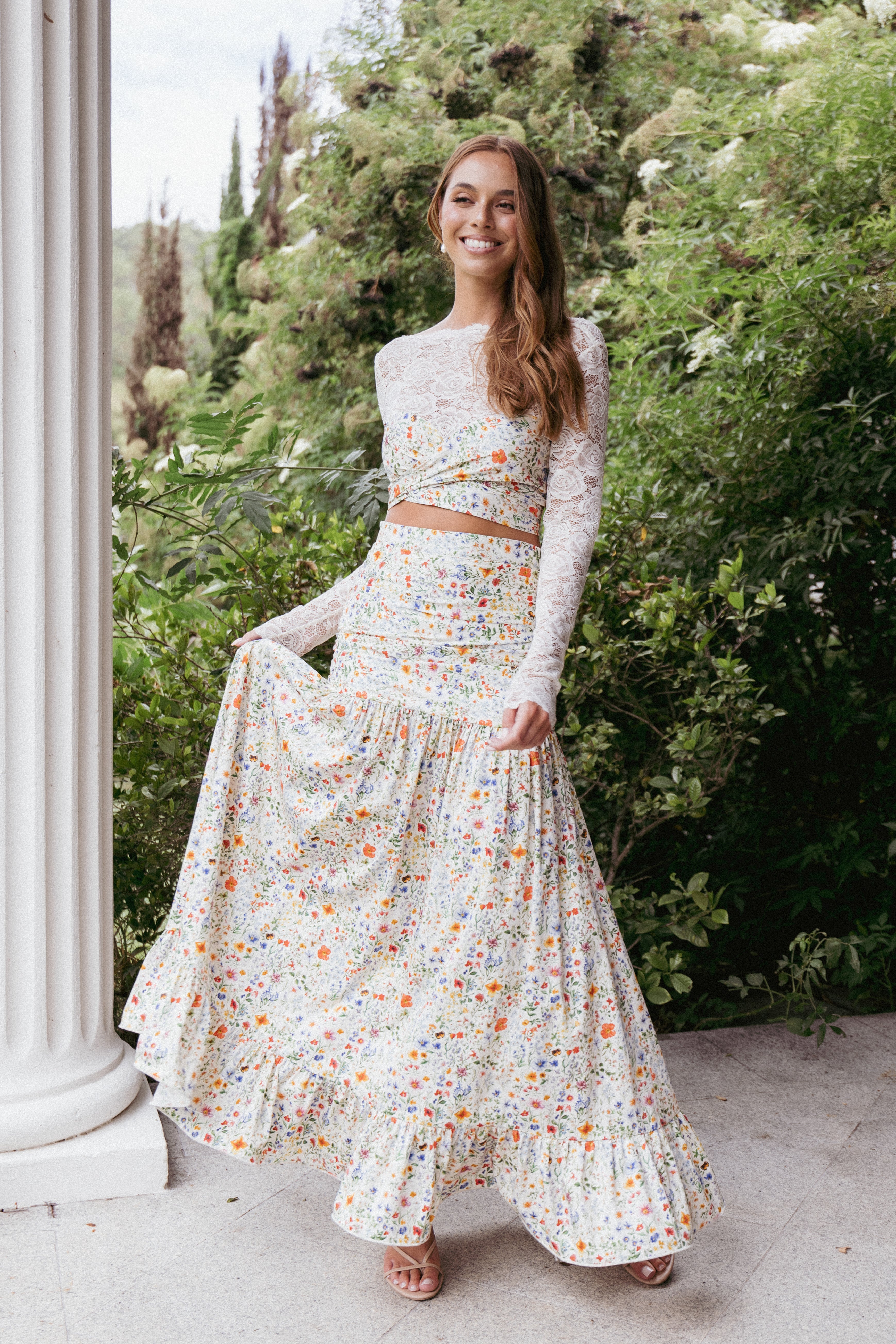 Floral Maxi Skirt - High Waisted Dara Skirt with Drop Waist