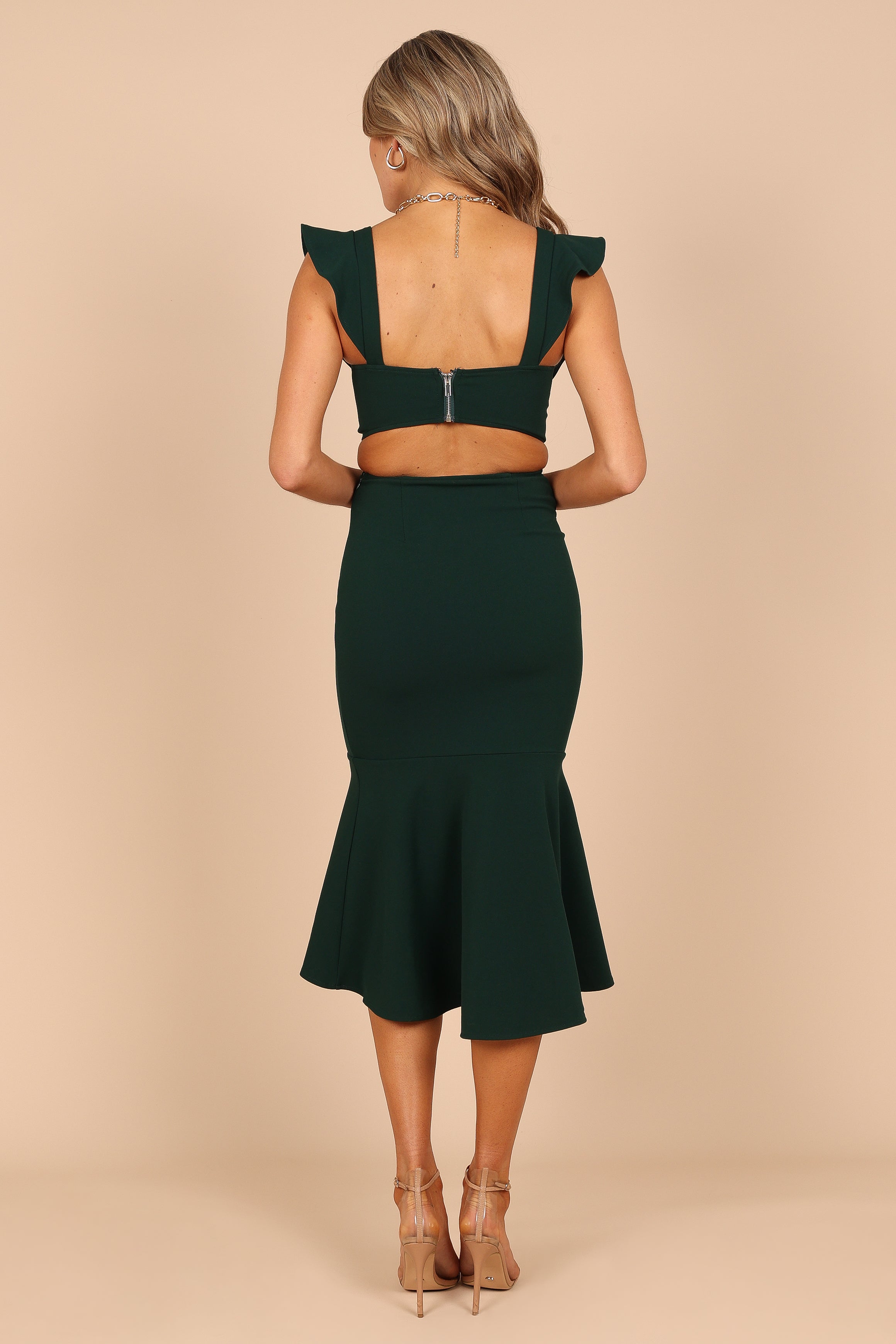 Emerald Green Bodycon Hi-Lo Midi Dress with Cut Out Detail