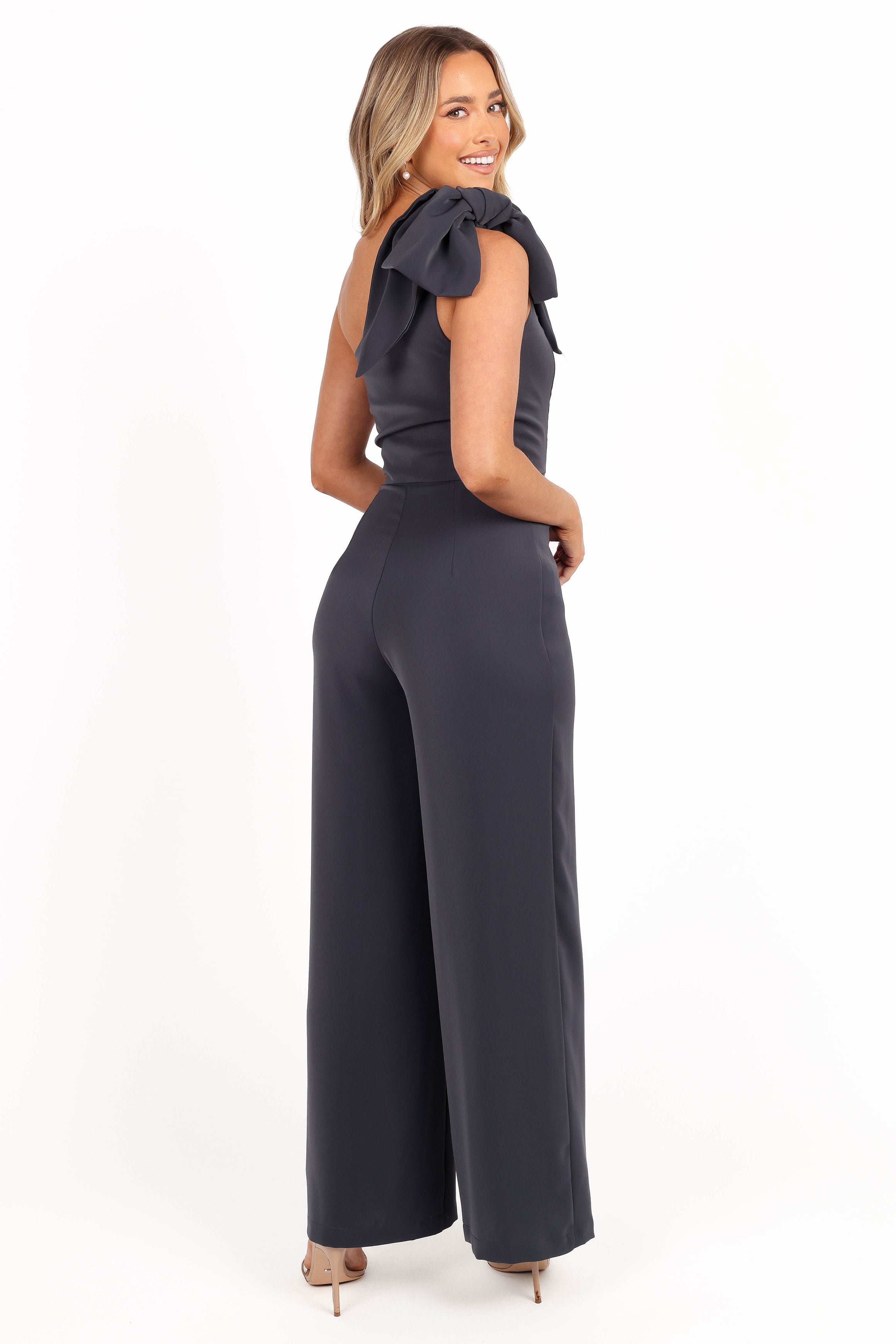 Scarlett Steel Grey One Shoulder Jumpsuit with Bow Detail