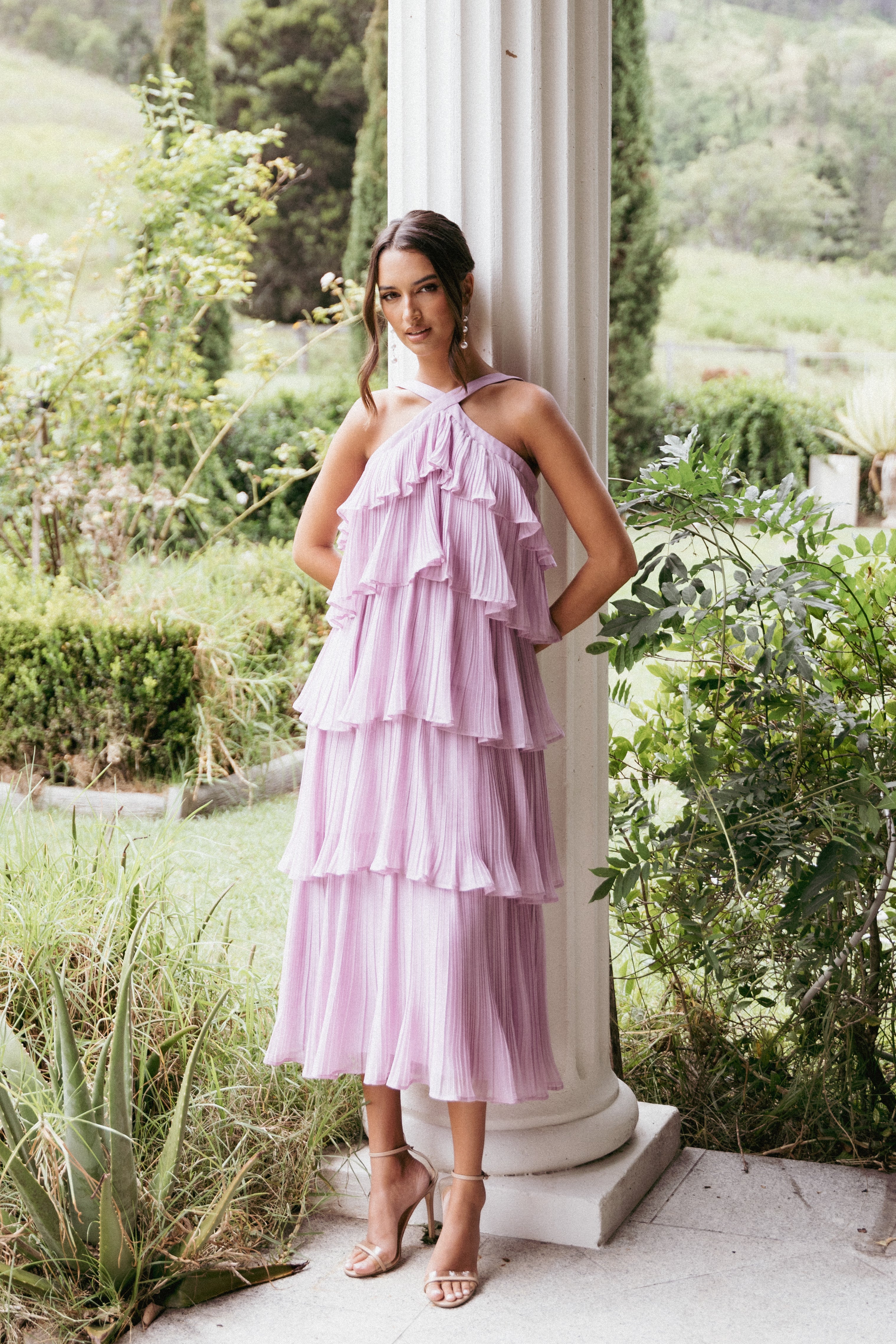 Aveline Lilac Halter Neck Tiered Midi Dress