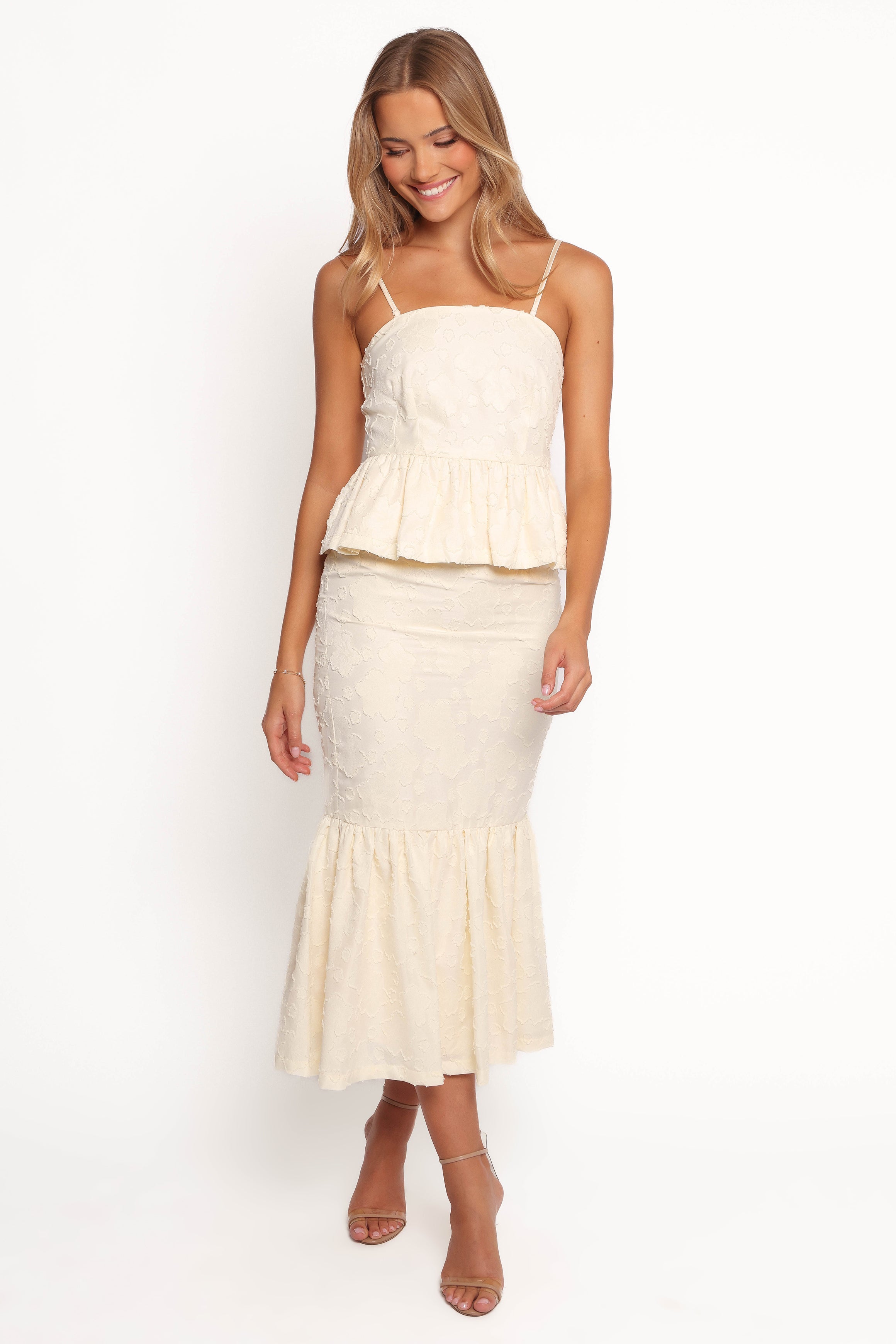 Xami Floral Embroidered Peplum Skirt Set - Pale Yellow