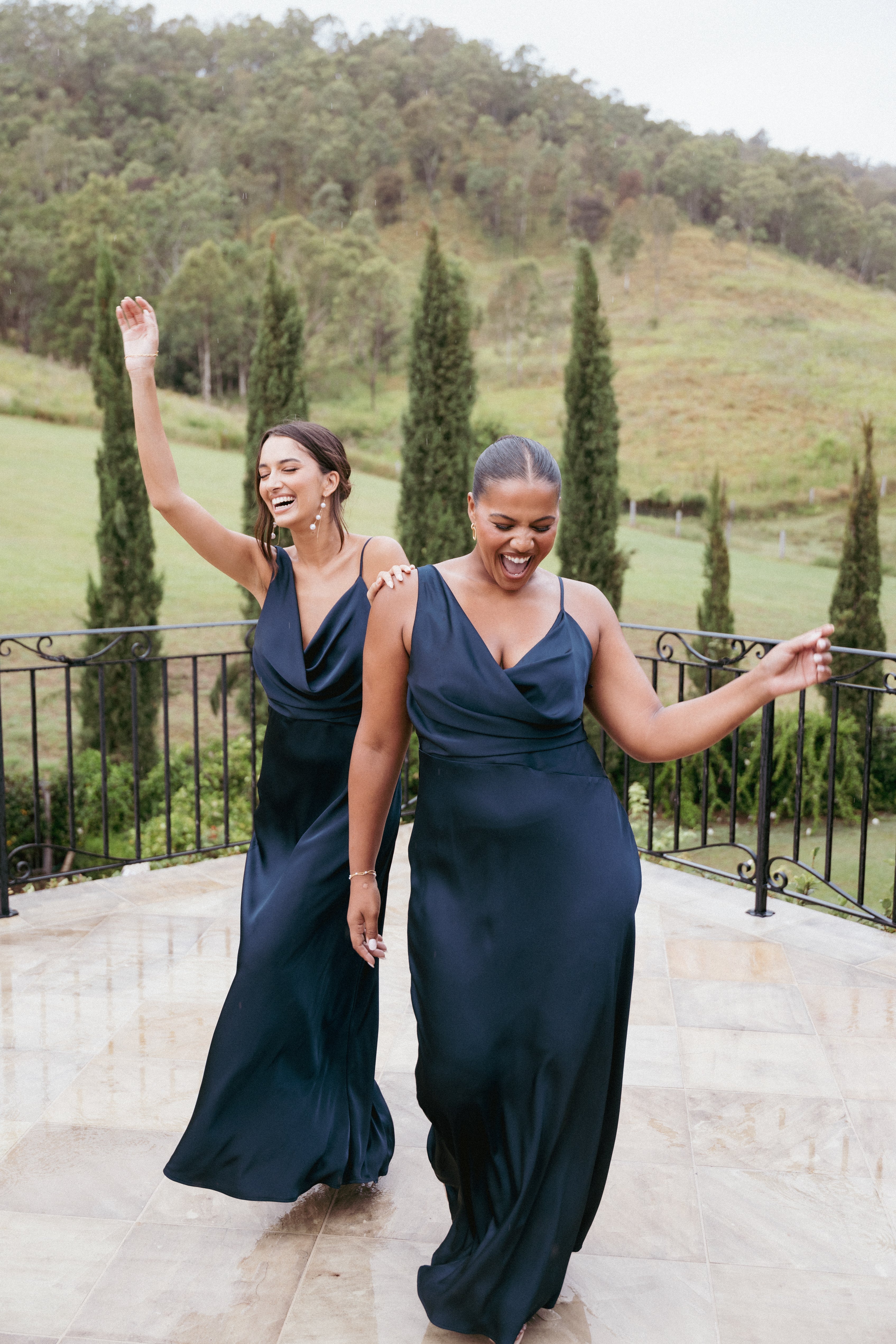 Anela Navy Cowl Neck Asymmetric Midi Dress