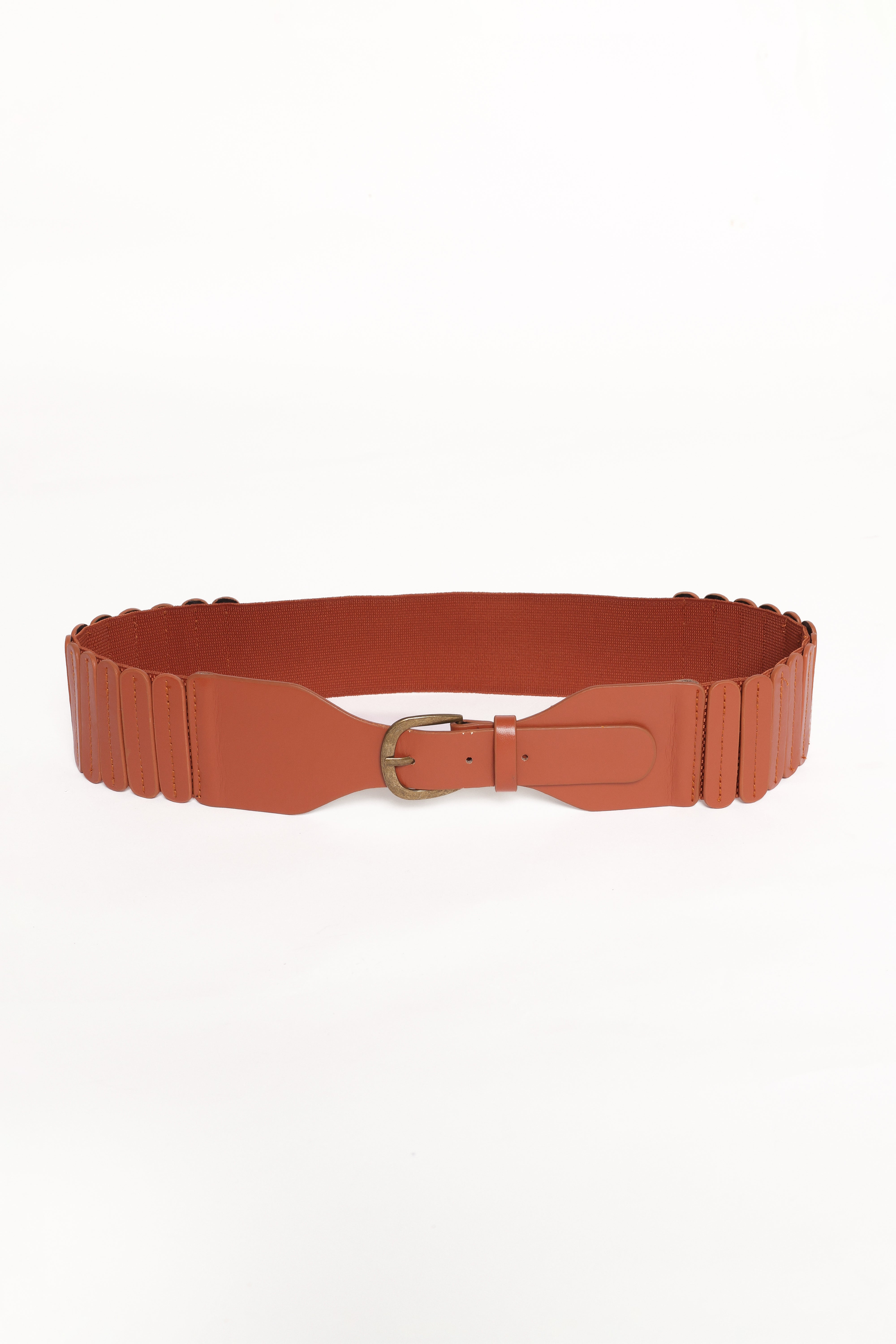 Madison Elastic Faux Leather Belt with Brass Buckle - Brown