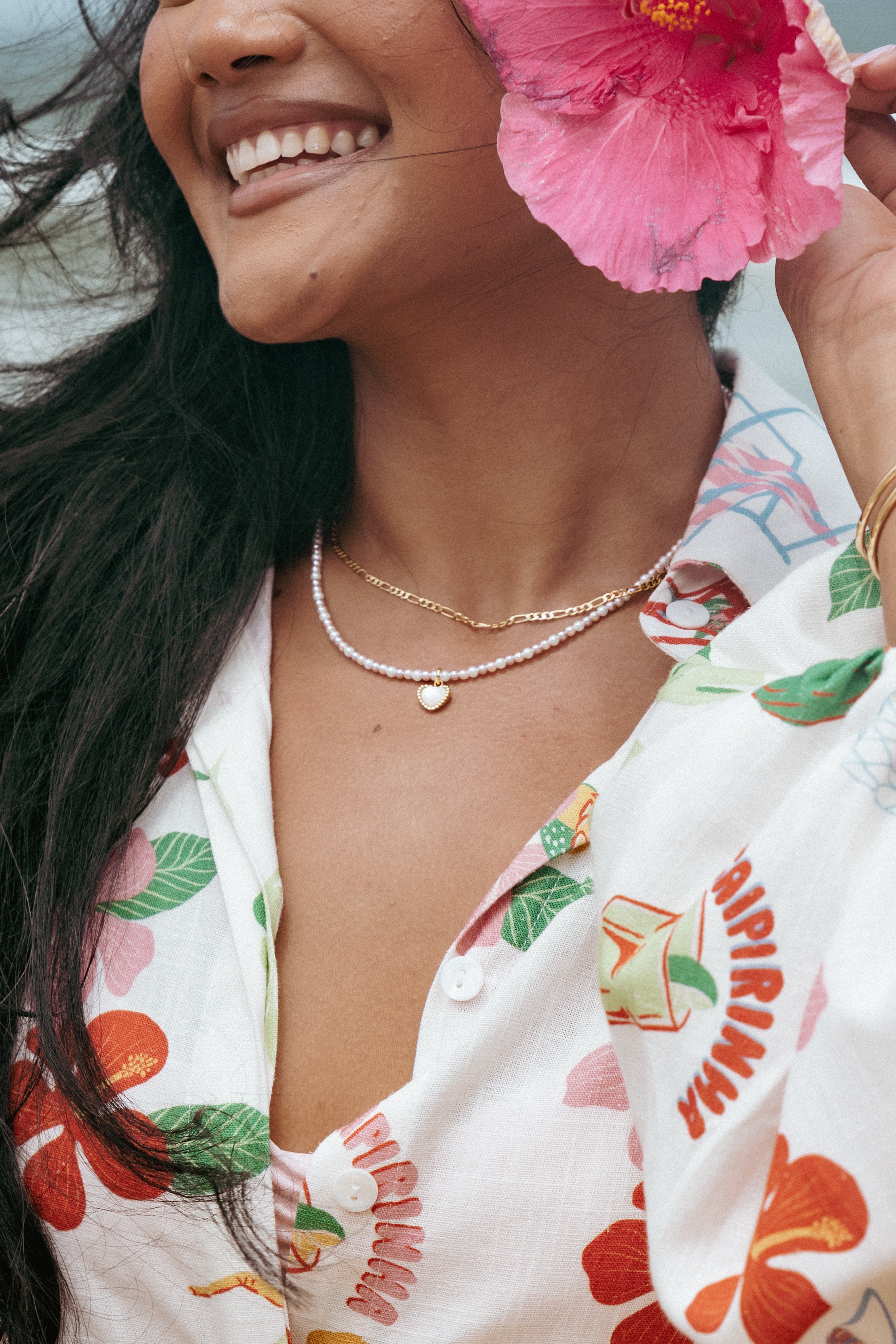 Gold Carina Necklace with Heart Pendant - Shell Pearl & Copper Beaded Chain