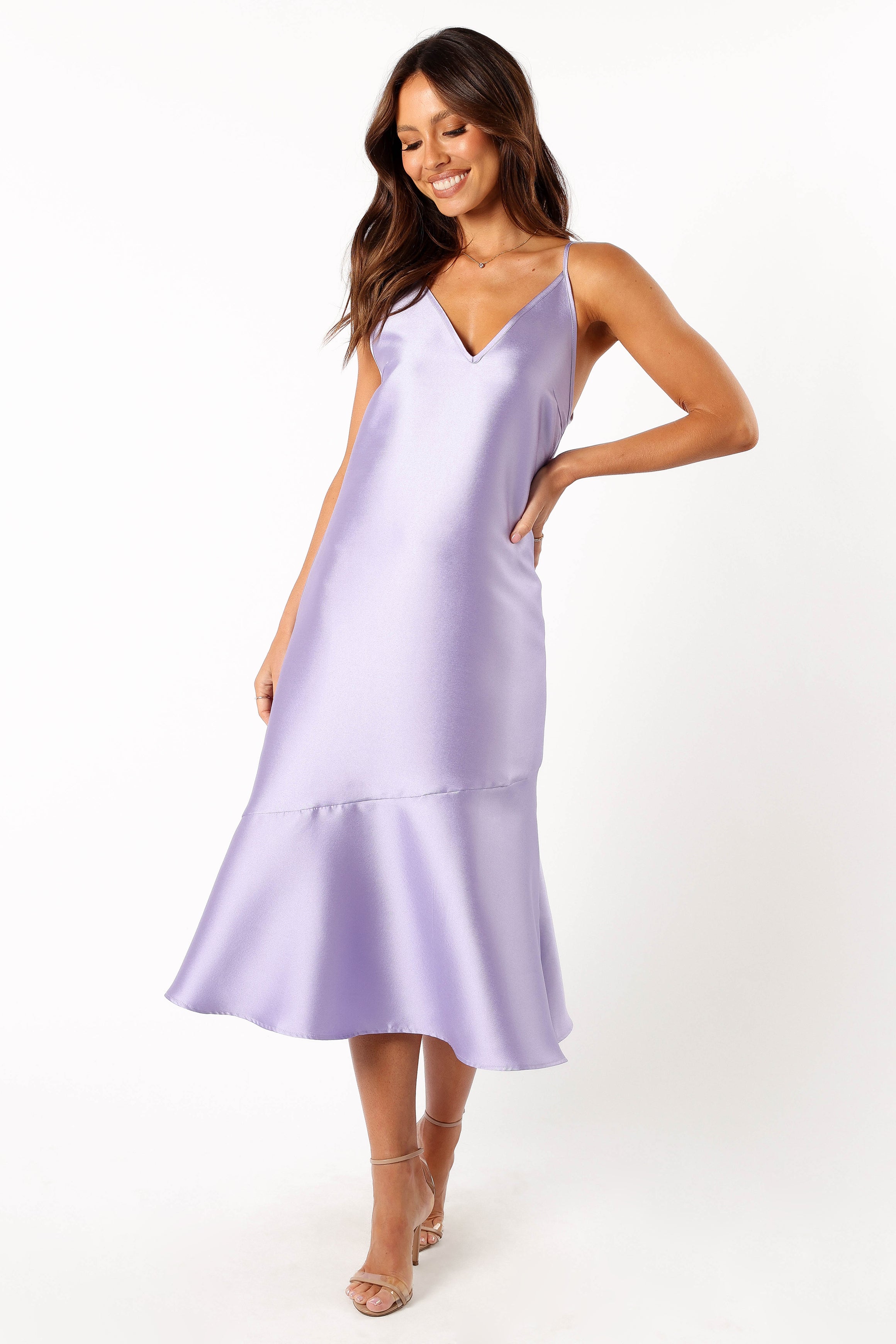 Lavender Novan Midi Dress with V-Neck & Adjustable Straps