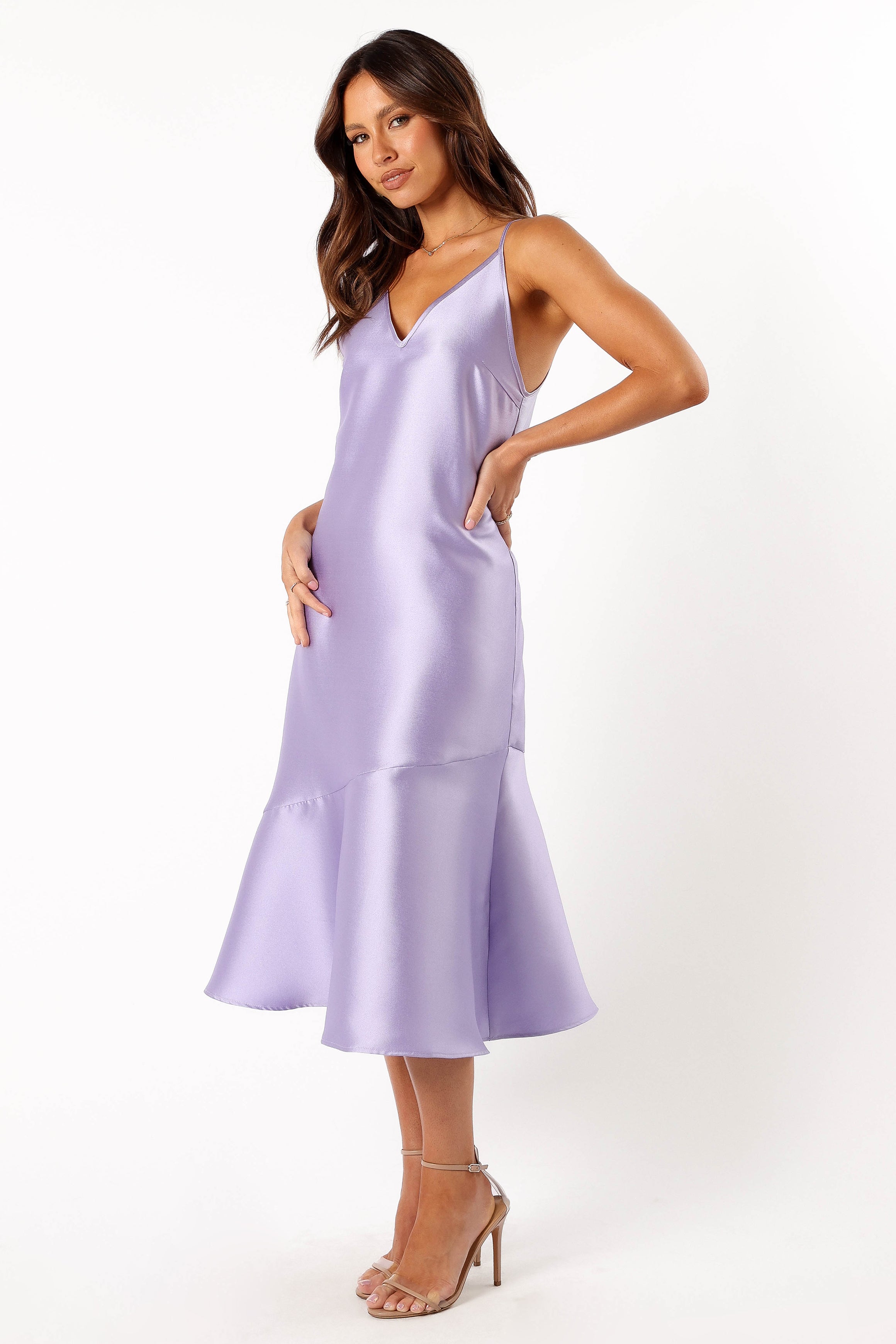 Lavender Novan Midi Dress with V-Neck & Adjustable Straps